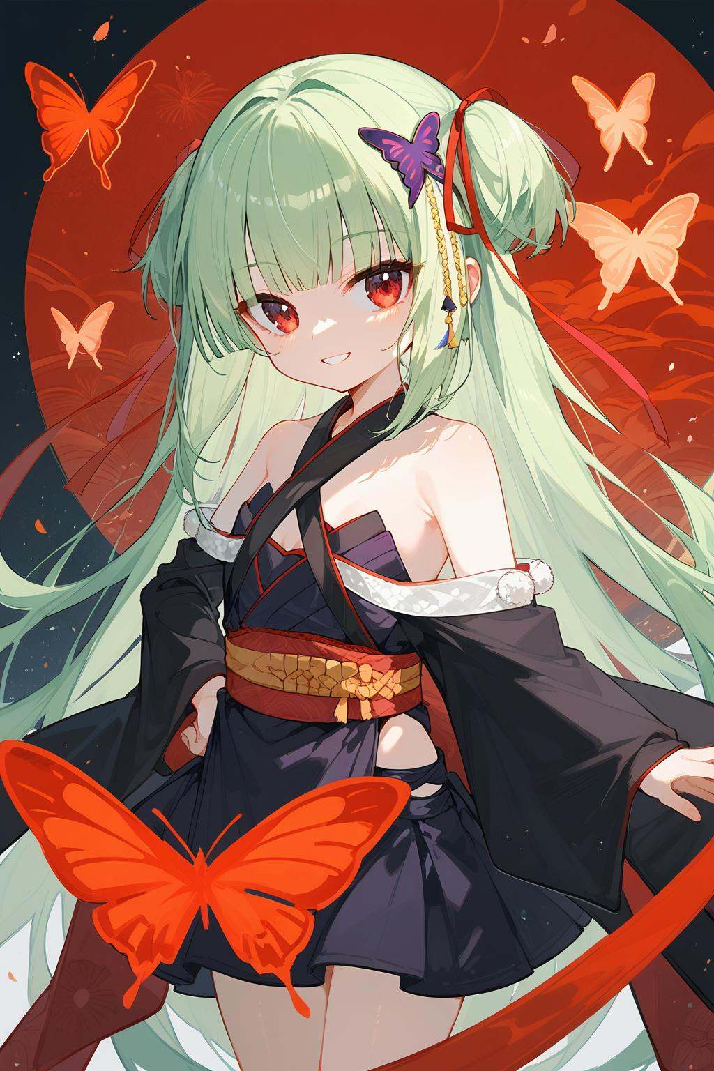 (score_9,score_8_up,score_7_up),<lora:congyu(Senren Banka)-v1:1>,congyu(Senren*Banka),1girl,solo,long hair,green hair,hair ornament,butterfly hair ornament,japanese clothes,hair ribbon,ribbon,bare shoulders,very long hair,hand on hip,detached sleeves,skirt,red eyes,looking at viewer,smile,sash,good feet,anime,NSFW,expressive,amazing quality,ultra hd 32k,