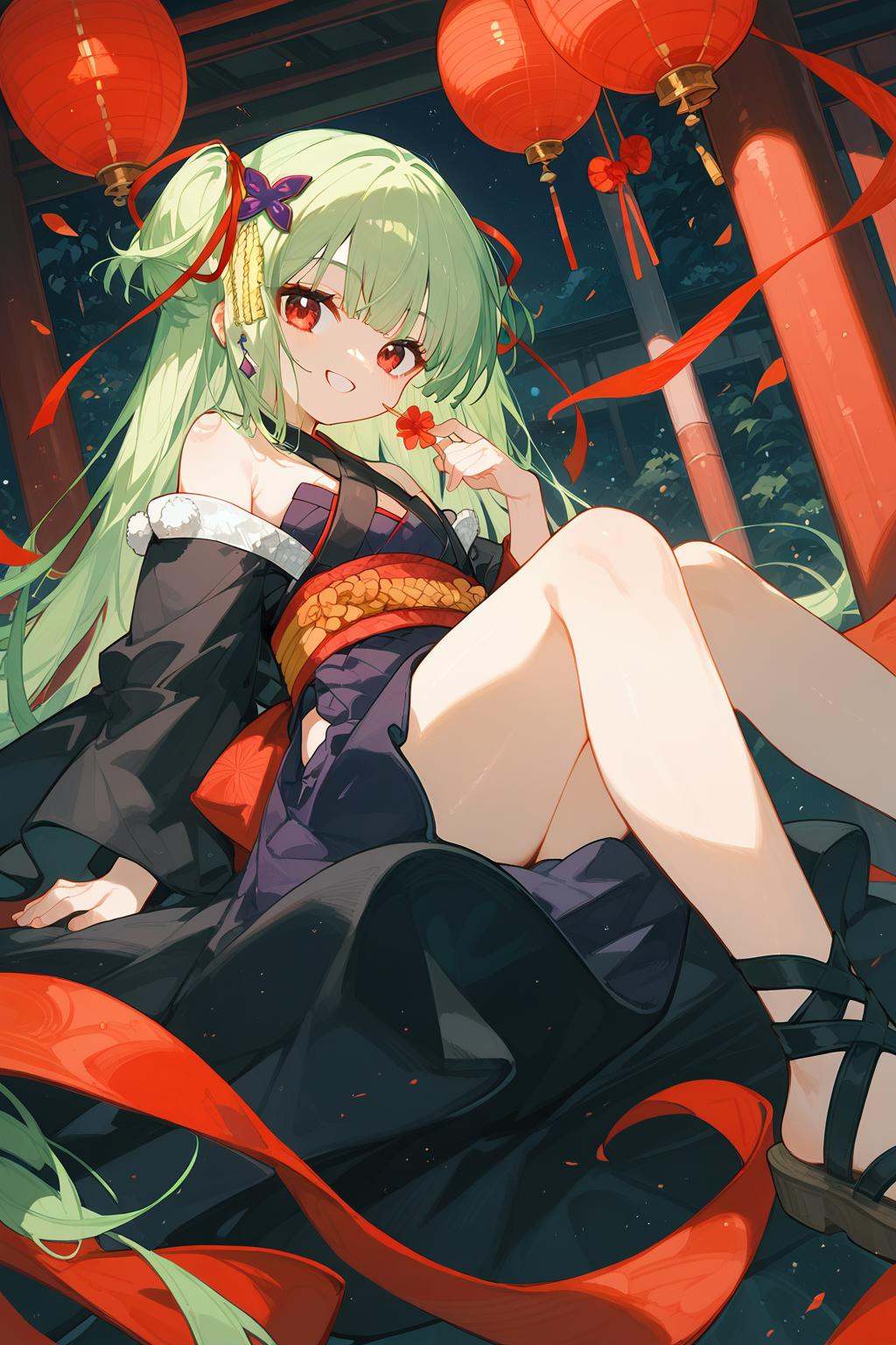 (score_9,score_8_up,score_7_up),<lora:congyu(Senren Banka)-v1:1>,congyu(Senren*Banka),1girl,solo,green hair,long hair,smile,japanese clothes,red eyes,hair ornament,looking at viewer,ribbon,hair ribbon,sandals,good feet,anime,NSFW,expressive,amazing quality,ultra hd 32k,