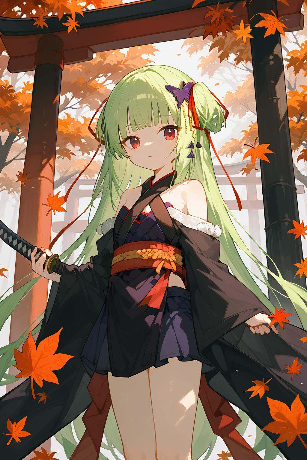 (score_9,score_8_up,score_7_up),<lora:congyu(Senren Banka)-v1:1>,congyu(Senren*Banka),1girl,weapon,sword,green hair,solo,long hair,red eyes,hair ornament,katana,japanese clothes,holding,holding weapon,bangs,holding sword,looking at viewer,kimono,blunt bangs,leaf,very long hair,ribbon,outdoors,butterfly hair ornament,bare shoulders,sash,wide sleeves,autumn leaves,closed mouth,sheath,red ribbon,torii,black kimono,tree,hair ribbon,long sleeves,shimenawa,good feet,anime,NSFW,expressive,amazing quality,ultra hd 32k,