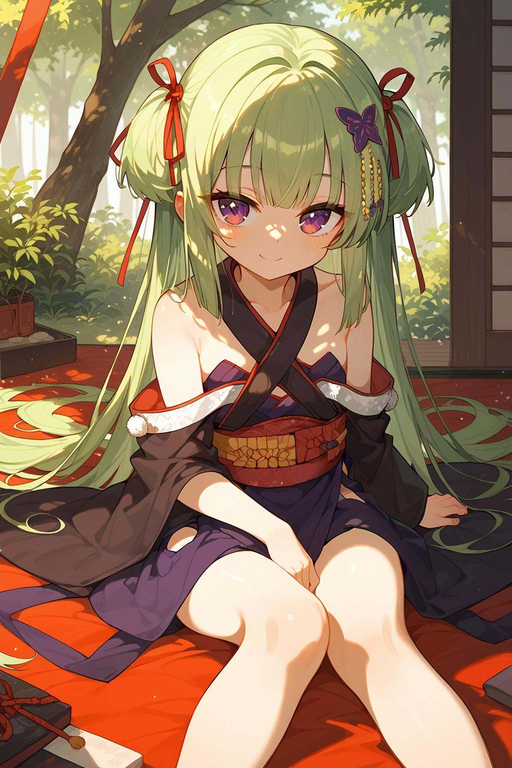 (score_9,score_8_up,score_7_up),<lora:congyu(Senren Banka)-v1:1>,congyu(Senren*Banka),1girl,1boy,long hair,lap pillow,green hair,japanese clothes,smile,bare shoulders,ribbon,hair ribbon,very long hair,kimono,red eyes,brown hair,hair ornament,sitting,sash,brown eyes,obi,blush,dappled sunlight,looking at viewer,purple eyes,lying,off shoulder,tree shade,collarbone,good feet,anime,NSFW,expressive,amazing quality,ultra hd 32k,
