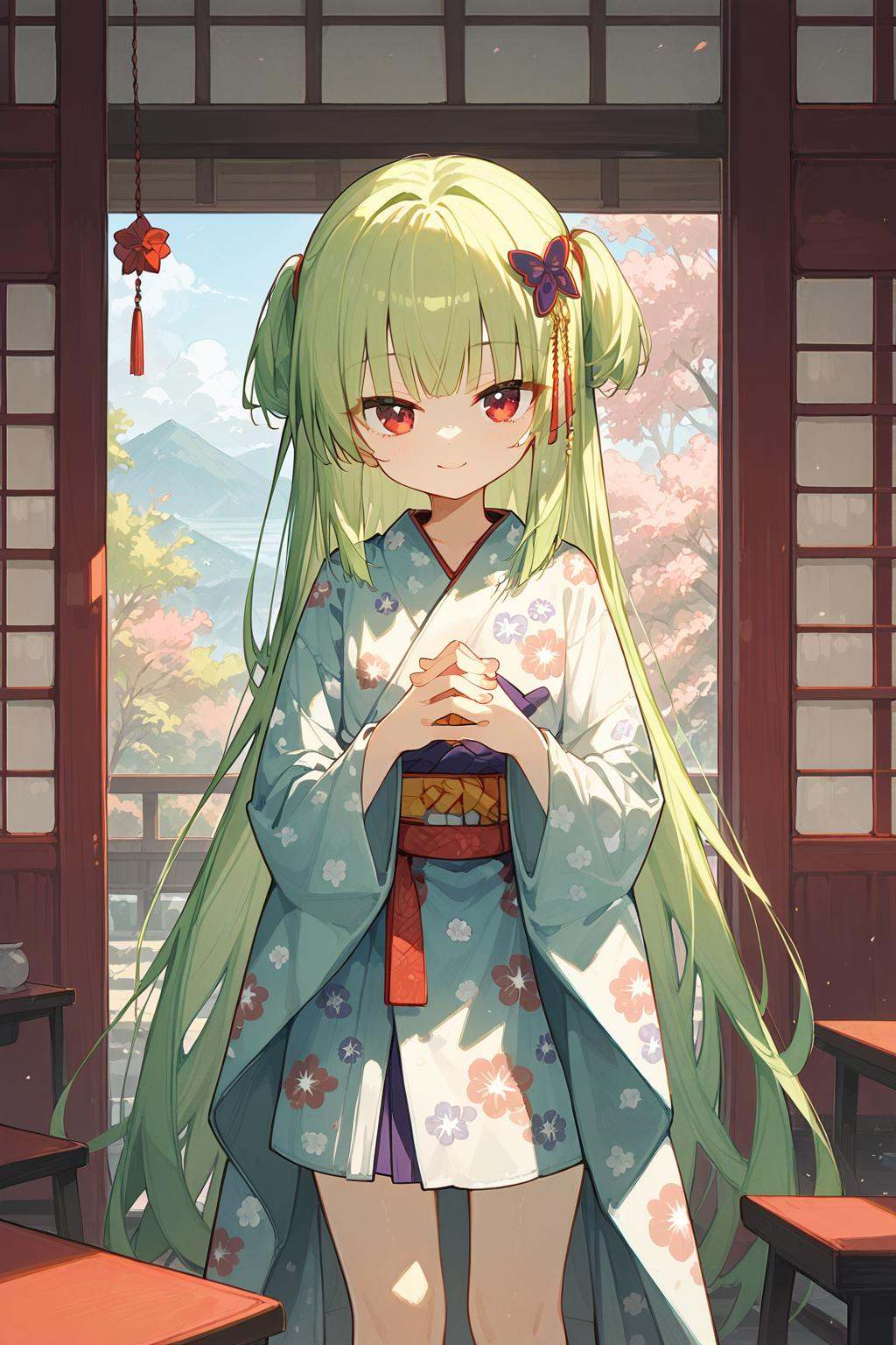 (score_9,score_8_up,score_7_up),<lora:congyu(Senren Banka)-v1:1>,congyu(Senren*Banka),1girl,long hair,solo,japanese clothes,very long hair,kimono,smile,green hair,looking at viewer,red eyes,yukata,standing,blonde hair,floral print,own hands together,bangs,good feet,anime,NSFW,expressive,amazing quality,ultra hd 32k,