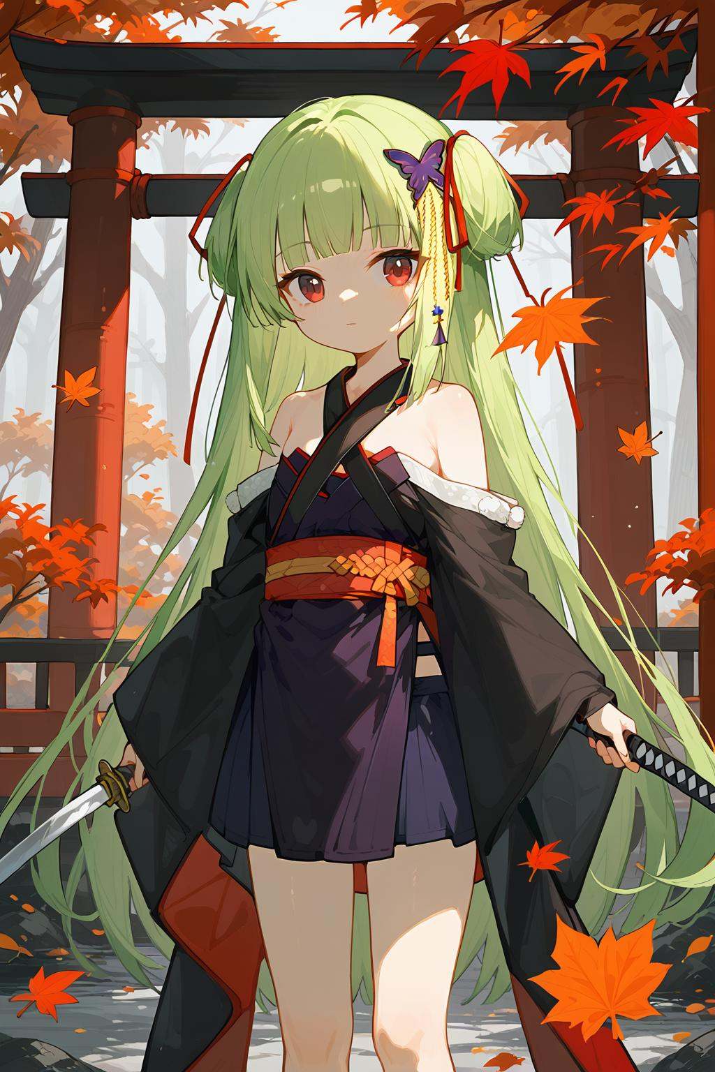 (score_9,score_8_up,score_7_up),<lora:congyu(Senren Banka)-v1:1>,congyu(Senren*Banka),1girl,weapon,sword,green hair,solo,long hair,red eyes,hair ornament,katana,japanese clothes,holding,holding weapon,bangs,holding sword,looking at viewer,kimono,blunt bangs,leaf,very long hair,ribbon,outdoors,butterfly hair ornament,bare shoulders,sash,wide sleeves,autumn leaves,closed mouth,sheath,red ribbon,torii,black kimono,tree,hair ribbon,long sleeves,shimenawa,good feet,anime,NSFW,expressive,amazing quality,ultra hd 32k,
