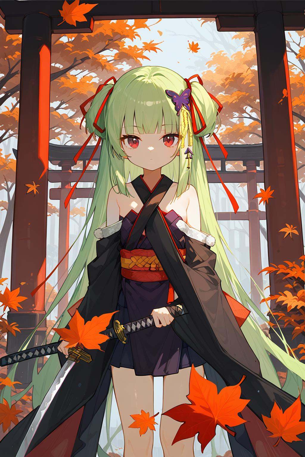 (score_9,score_8_up,score_7_up),<lora:congyu(Senren Banka)-v1:1>,congyu(Senren*Banka),1girl,weapon,sword,green hair,solo,long hair,red eyes,hair ornament,katana,japanese clothes,holding,holding weapon,bangs,holding sword,looking at viewer,kimono,blunt bangs,leaf,very long hair,ribbon,outdoors,butterfly hair ornament,bare shoulders,sash,wide sleeves,autumn leaves,closed mouth,sheath,red ribbon,torii,black kimono,tree,hair ribbon,long sleeves,shimenawa,good feet,anime,NSFW,expressive,amazing quality,ultra hd 32k,