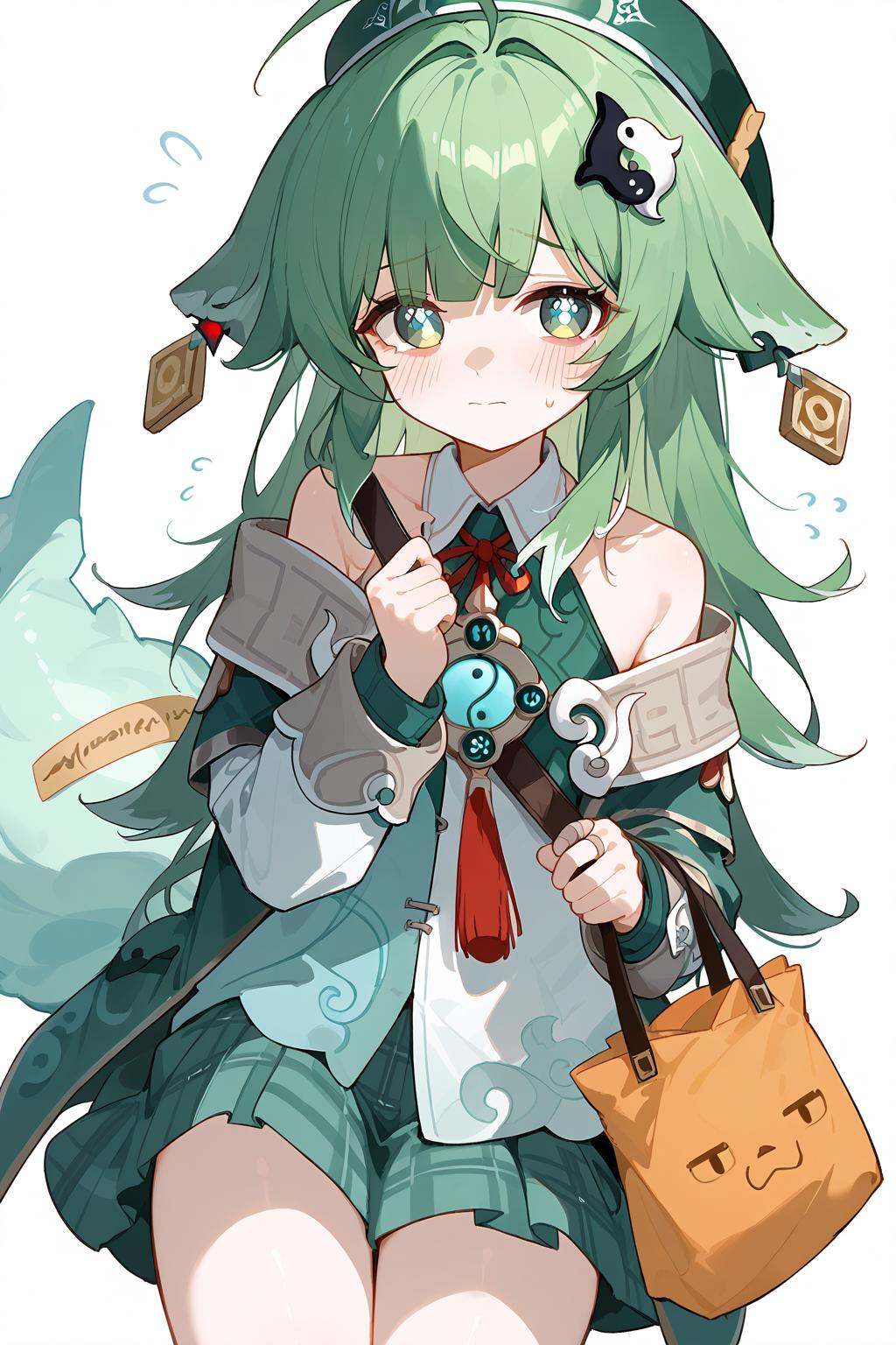 (score_9,score_8_up,score_7_up),<lora:HuoHuo(Honkai Star Rail)-v1-000008:1>,HuoHuo(Honkai: Star Rail),1girl,green headwear,green hair,armband,green eyes,holding bag,bag,shirt,hat,skirt,long hair,white shirt,white background,solo,blush,beret,holding,collared shirt,green skirt,ahoge,bangs,long sleeves,hair ornament,red ribbon,closed mouth,jacket,flying sweatdrops,neck ribbon,ribbon,necktie,green jacket,feet out of frame,signature,plaid skirt,plastic bag,school uniform,plaid,looking at viewer,pleated skirt,off shoulderanime,NSFW,expressive,amazing quality,ultra hd 32k,