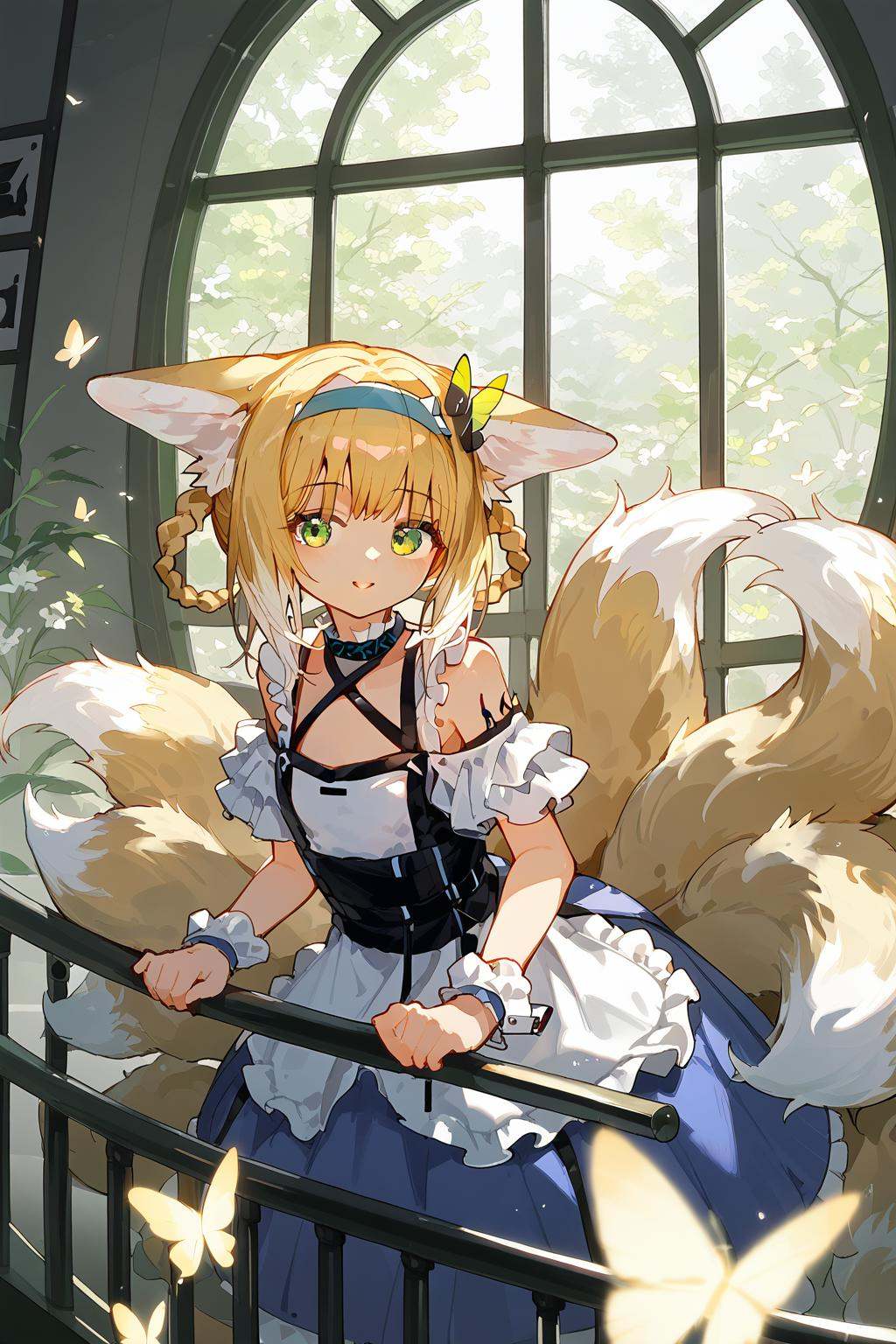 score_9,score_8_up,score_7_up,<lora:linlan(Arknights)-v1:1>,linlan(Arknights),1girl,seductive_smile,cute face,japanese aesthetic,maid,different clothes from the original,whole body,curvy,fox_shadow_puppet,very beautiful,animal ears,blonde hair,1girl,animal ears,tail,fox tail,fox ears,solo,green eyes,blonde hair,stairs,fox girl,looking at viewer,hairband,braid,multiple tails,butterfly,bare shoulders,window,hair rings,railing,bangs,multicolored hair,kitsune,blue hairband,parted lips,tree,wrist cuffs,looking to the side,white_background,foreshortening,incredibly absurdres,Cinematic Lighting,