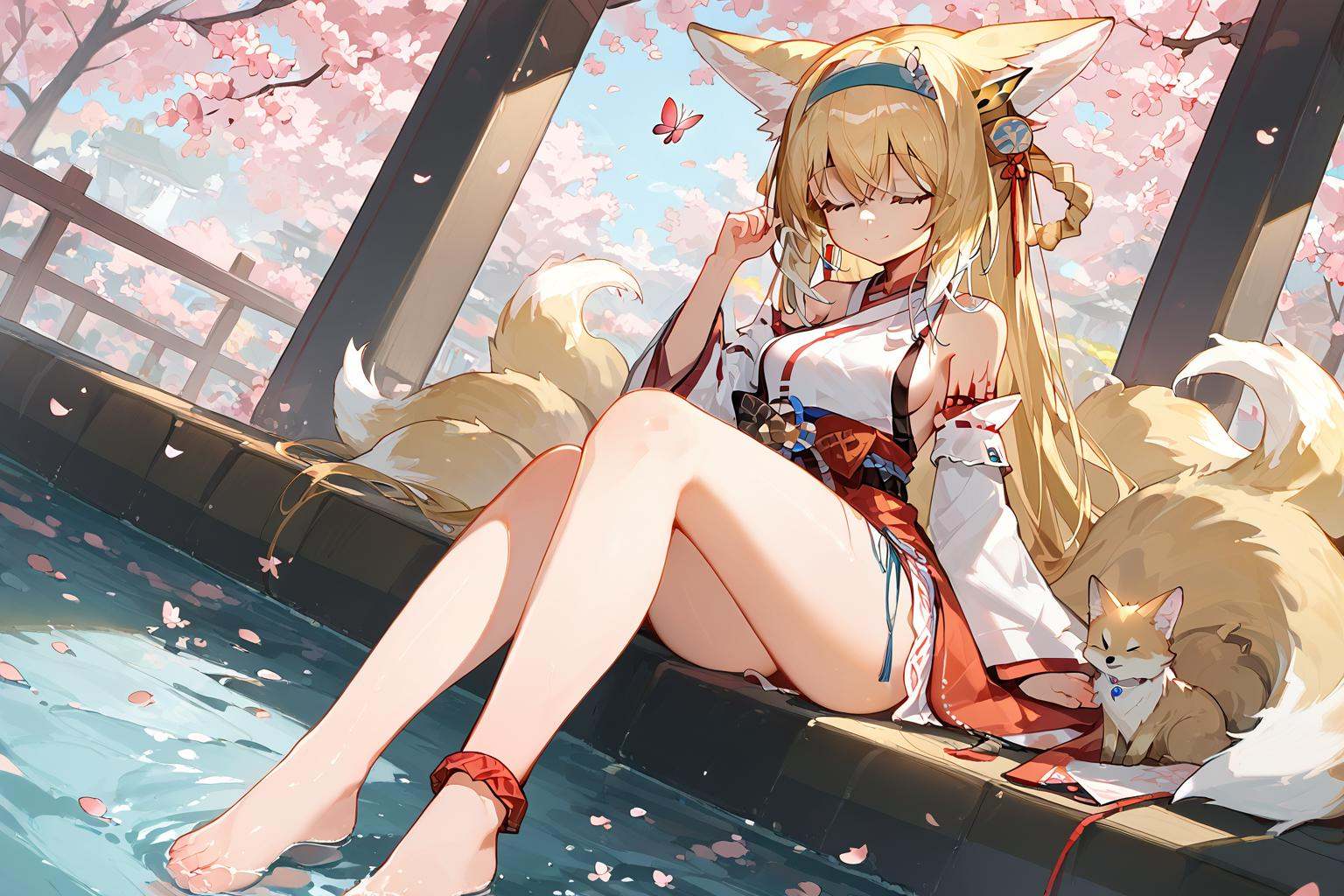 (score_9,score_8_up,score_7_up),<lora:linlan(Arknights)-v1:1>,linlan(Arknights),blonde hair,tail,multiple tails,animal ears,fox tail,blue hairband,fox ears,hairband,kitsune,fox girl,bangs,hair rings,animal ear fluff,1girl,long hair,solo,detached sleeves,anklet,jewelry,cherry blossoms,wide sleeves,barefoot,closed eyes,bare legs,sitting,petals,breasts,japanese clothes,legs,water,butterfly,bangs,hair between eyes,nontraditional miko,full body,hair ornament,smile,earrings,bare shoulders,shirt,very long hair,white shirt,sideboob,thighs,long sleeves,sleeveless shirt,sleeveless,closed mouth,good feet,very beautiful,anime,NSFW,ultra hd 32k,expressive,absurdres,moody lighting,