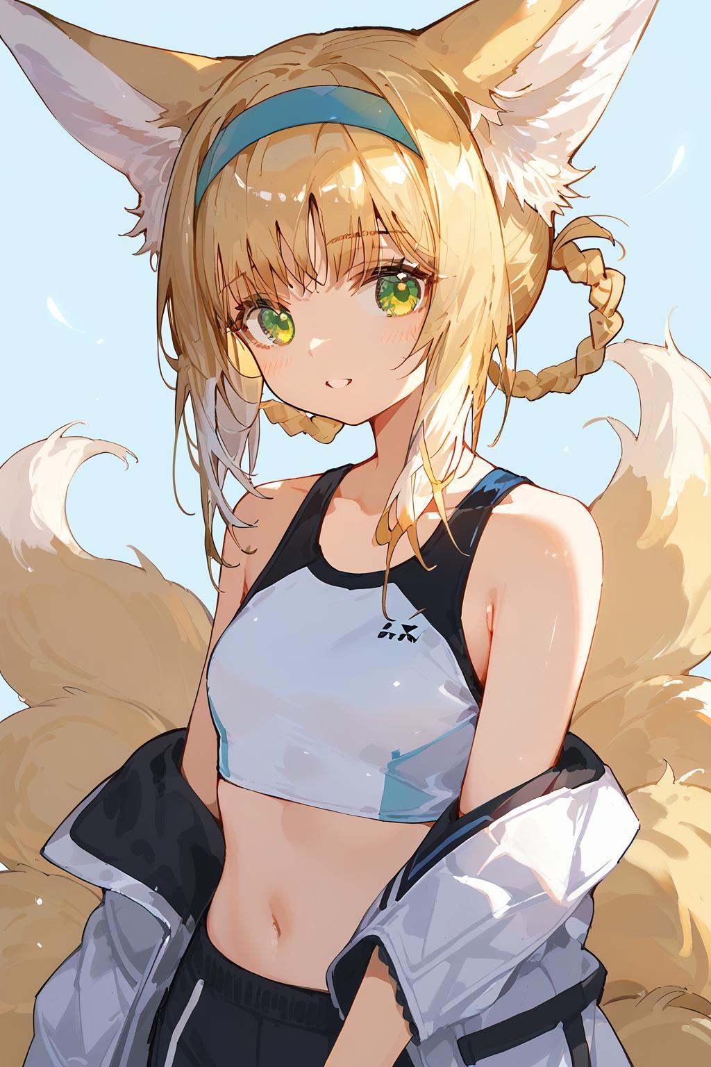 score_9,score_8_up,score_7_up,<lora:linlan(Arknights)-v1:1>,linlan(Arknights),1girl,seductive_smile,cute face,sportswear,(white_background:1.1),whole body,curvy,very beautiful,animal ears,blonde hair,1girl,animal ears,tail,fox tail,fox ears,solo,green eyes,blonde hair,fox girl,looking at viewer,hairband,multiple tails,bare shoulders,hair rings,bangs,kitsune,blue hairband,parted lips,looking to the side,foreshortening,incredibly absurdres,Cinematic Lighting,