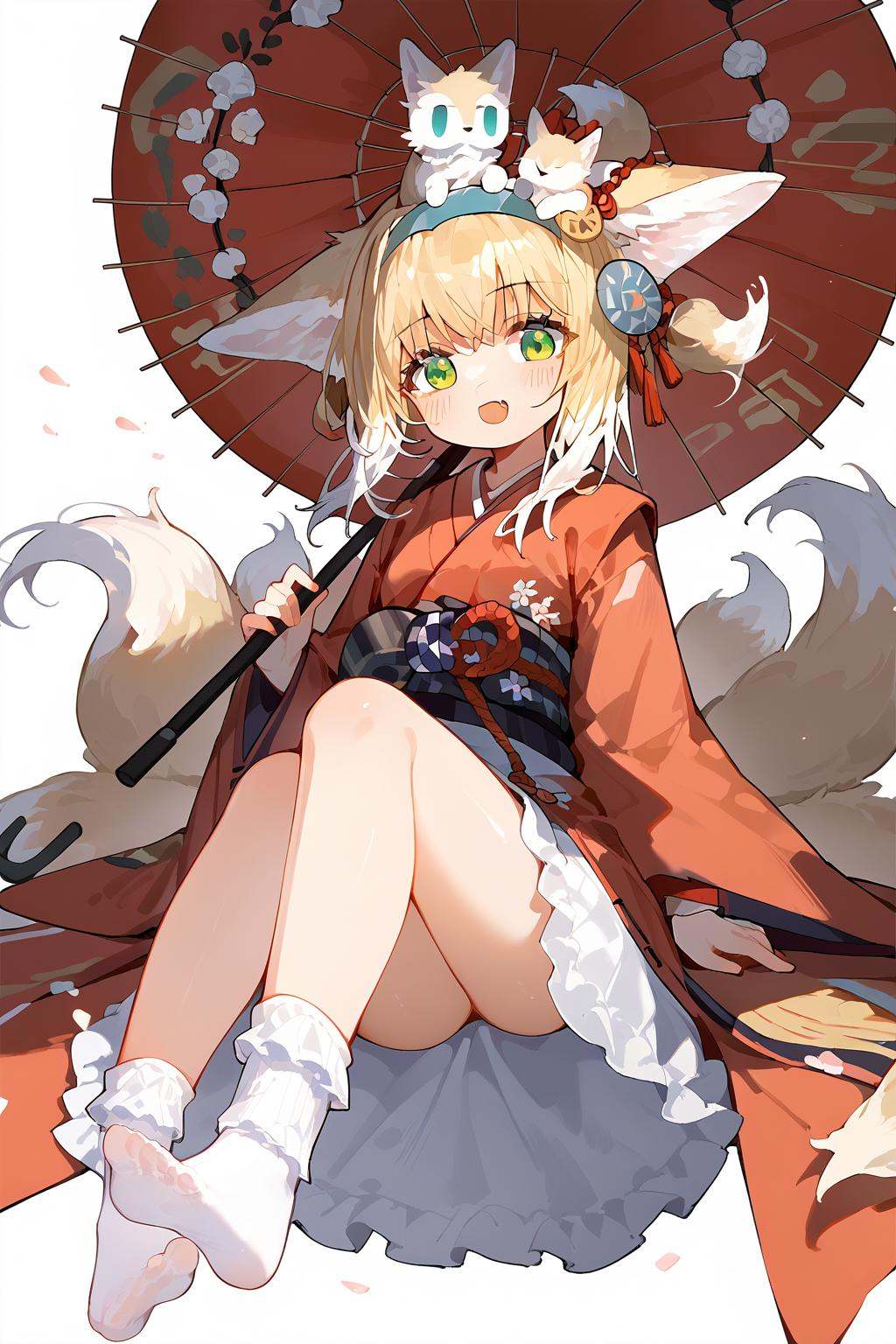score_9,score_8_up,score_7_up,<lora:linlan(Arknights)-v1:1>,linlan(Arknights),1girl,japanese_clothes,bobby_socks,cute face,japanese aesthetic,incredibly absurdres,Cinematic Lighting,whole body,curvy,very beautiful,animal ears,blonde hair,umbrella,japanese clothes,tail,green eyes,fox tail,fox ears,kitsune,long hair,white background,kimono,fox girl,multiple tails,socks,oil-paper umbrella,looking at viewer,bangs,holding,simple background,solo,full body,animal ear fluff,on head,holding umbrella,hairband,smile,wide sleeves,frills,:d,apron,no shoes,multicolored hair,white socks,soles,animal on head,long sleeves,open mouth,hair ornament,red umbrella,sash,feet,very long hair,blush,white hair,blue hairband,fang,steepled_fingers,