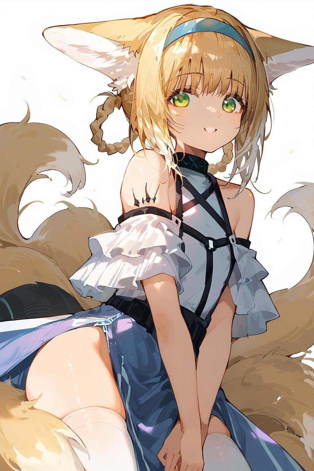 score_9,score_8_up,score_7_up,<lora:linlan(Arknights)-v1:1>,linlan(Arknights),whole body,1girl,seductive_smile,cute face,thighhighs,(white_background:1.1),curvy,very beautiful,animal ears,blonde hair,1girl,animal ears,tail,fox tail,fox ears,solo,green eyes,blonde hair,fox girl,looking at viewer,hairband,multiple tails,bare shoulders,hair rings,bangs,kitsune,blue hairband,the_pose,parted lips,looking to the side,foreshortening,incredibly absurdres,Cinematic Lighting,