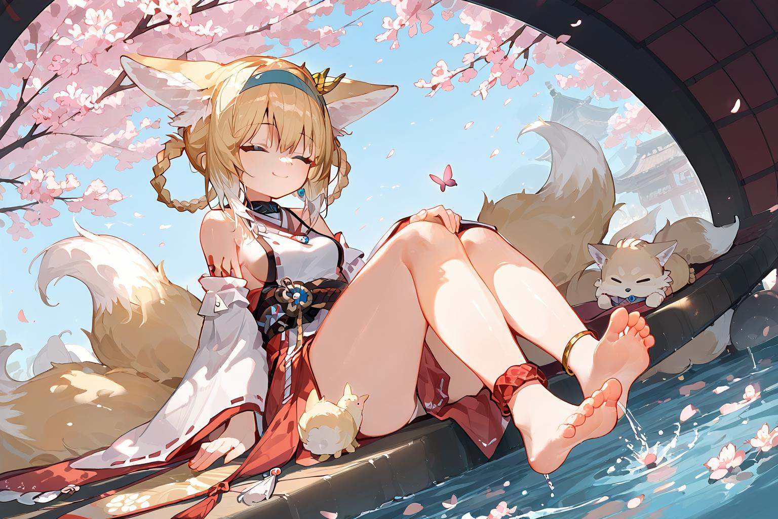 (score_9,score_8_up,score_7_up),<lora:linlan(Arknights)-v1:1>,linlan(Arknights),blonde hair,tail,multiple tails,animal ears,fox tail,blue hairband,fox ears,hairband,kitsune,fox girl,bangs,hair rings,animal ear fluff,1girl,long hair,solo,detached sleeves,anklet,jewelry,cherry blossoms,wide sleeves,barefoot,closed eyes,bare legs,sitting,petals,breasts,japanese clothes,legs,water,butterfly,bangs,hair between eyes,nontraditional miko,full body,hair ornament,smile,earrings,bare shoulders,shirt,very long hair,white shirt,sideboob,thighs,long sleeves,sleeveless shirt,sleeveless,closed mouth,good feet,very beautiful,anime,NSFW,ultra hd 32k,expressive,absurdres,moody lighting,