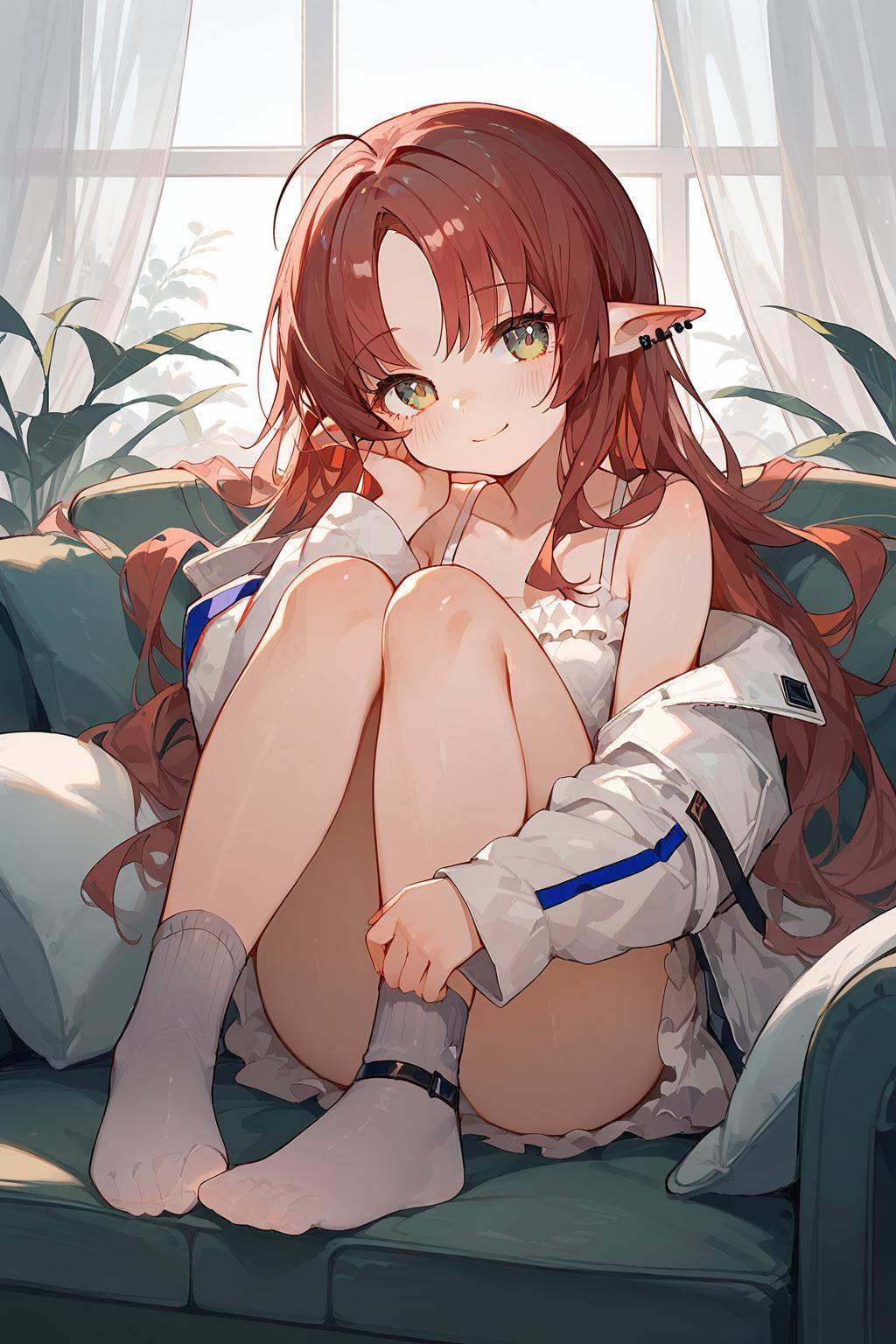 (score_9,score_8_up,score_7_up),<lora:Myrtle(Arknights)-v1:0.7>,Myrtle(Arknights),1girl,solo,pointy ears,long hair,smile,looking at viewer,jacket,piercing,ear piercing,socks,white jacket,bangs,off shoulder,long sleeves,closed mouth,ahoge,parted bangs,bare shoulders,very long hair,blush,head tilt,grey socks,open clothes,very beautiful,no shoes,ultra hd 32k,anime,NSFW,expressive,amazing quality,absurdres,looking at viewer,sitting,couch,breasts,indoors,knees up,closed mouth,frills,on couch,frilled dress,black scrunchie,blush,curtains,window,good feet,