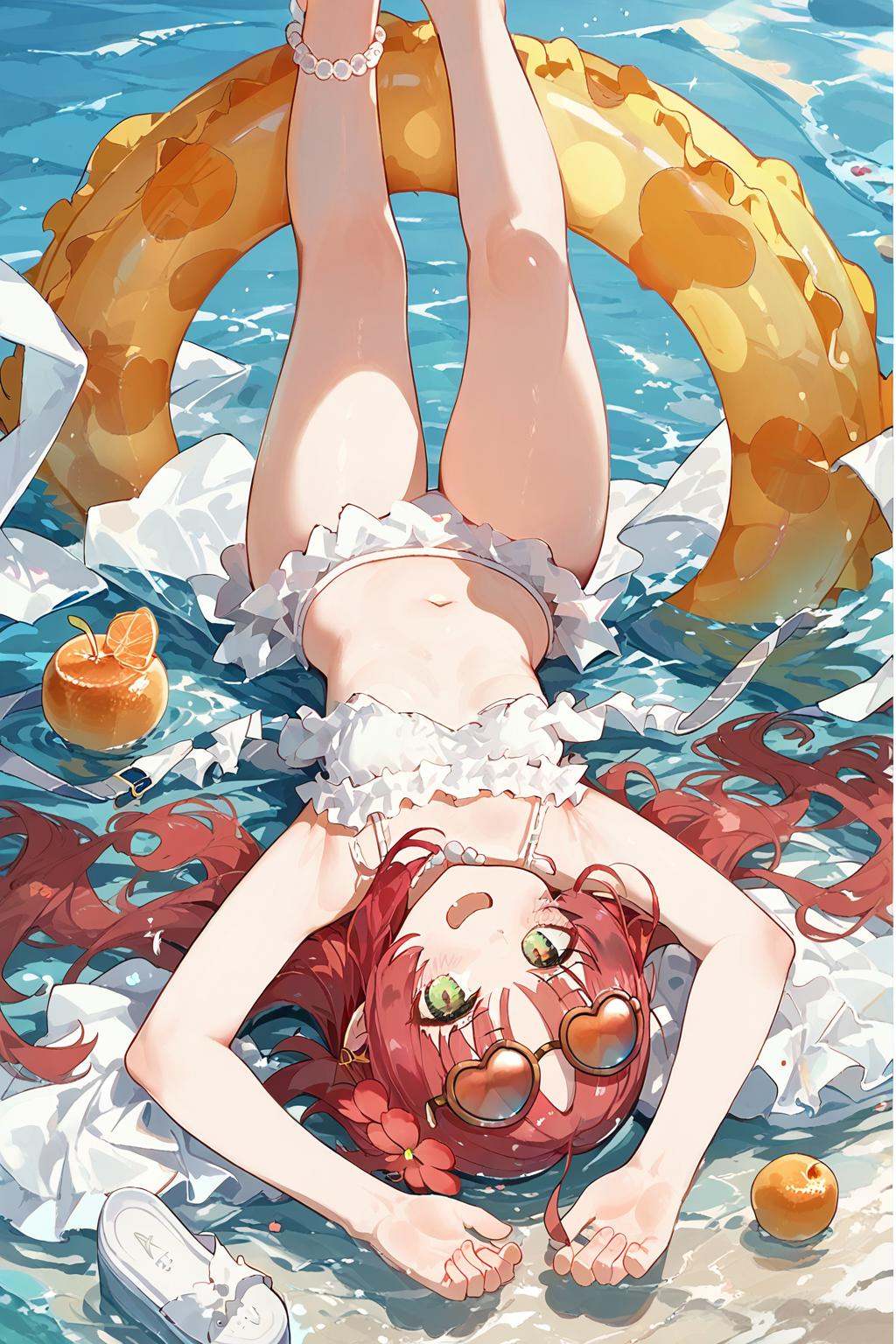 (score_9,score_8_up,score_7_up),<lora:Myrtle(Arknights)-v1:0.8>,Myrtle(Arknights),1girl,solo,swimsuit,long hair,eyewear on head,barefoot,bikini,open mouth,frilled bikini,navel,white bikini,sunglasses,feet,flower,hair ornament,looking at viewer,soles,frills,hair flower,toes,sandals removed,water,innertube,armpits,food,shoes,upside-down,sandals,fruit,arms up,bangs,lying,stomach,on back,blush,smile,shoes removed,tinted eyewear,small breasts,bare arms,foreshortening,fang,very beautiful,good feet,ultra hd 32k,no shoes,anime,NSFW,expressive,