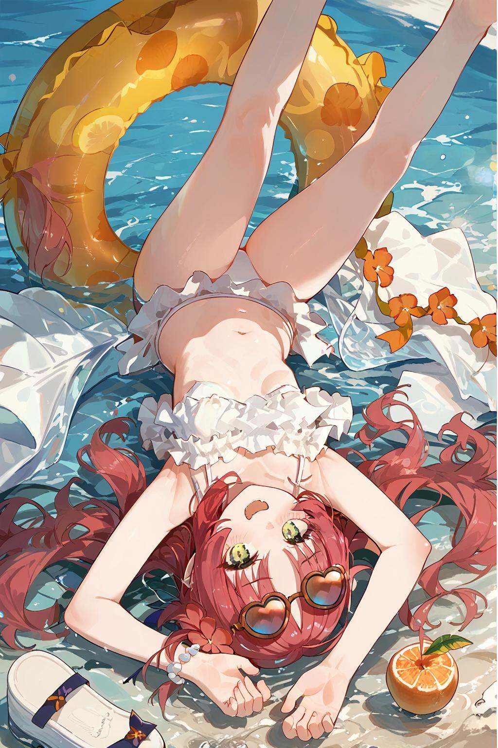 (score_9,score_8_up,score_7_up),<lora:Myrtle(Arknights)-v1:0.8>,Myrtle(Arknights),1girl,solo,swimsuit,long hair,eyewear on head,barefoot,bikini,open mouth,frilled bikini,navel,white bikini,sunglasses,feet,flower,hair ornament,looking at viewer,soles,frills,hair flower,toes,sandals removed,water,innertube,armpits,food,shoes,upside-down,sandals,fruit,arms up,bangs,lying,stomach,on back,blush,smile,shoes removed,tinted eyewear,small breasts,bare arms,foreshortening,fang,very beautiful,good feet,ultra hd 32k,no shoes,anime,NSFW,expressive,