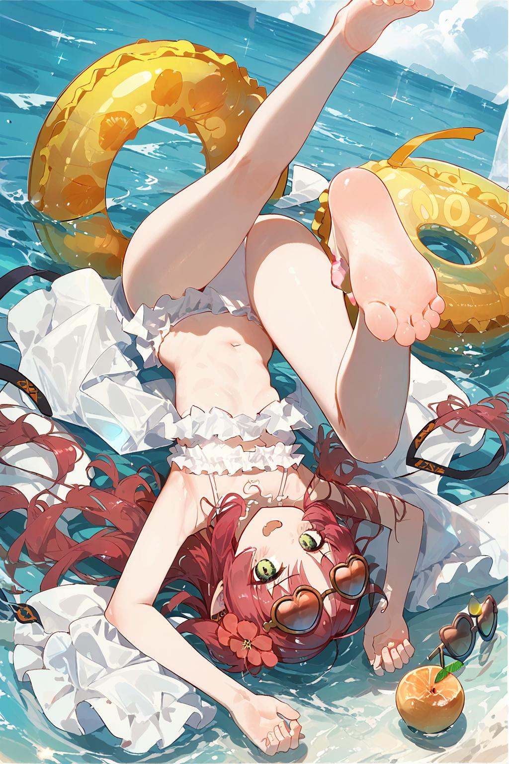 (score_9,score_8_up,score_7_up),<lora:Myrtle(Arknights)-v1:0.8>,Myrtle(Arknights),1girl,solo,swimsuit,long hair,eyewear on head,barefoot,bikini,open mouth,frilled bikini,navel,white bikini,sunglasses,feet,flower,hair ornament,looking at viewer,soles,frills,hair flower,toes,sandals removed,water,innertube,armpits,food,shoes,upside-down,sandals,fruit,arms up,bangs,lying,stomach,on back,blush,smile,shoes removed,tinted eyewear,small breasts,bare arms,foreshortening,fang,very beautiful,good feet,ultra hd 32k,no shoes,anime,NSFW,expressive,