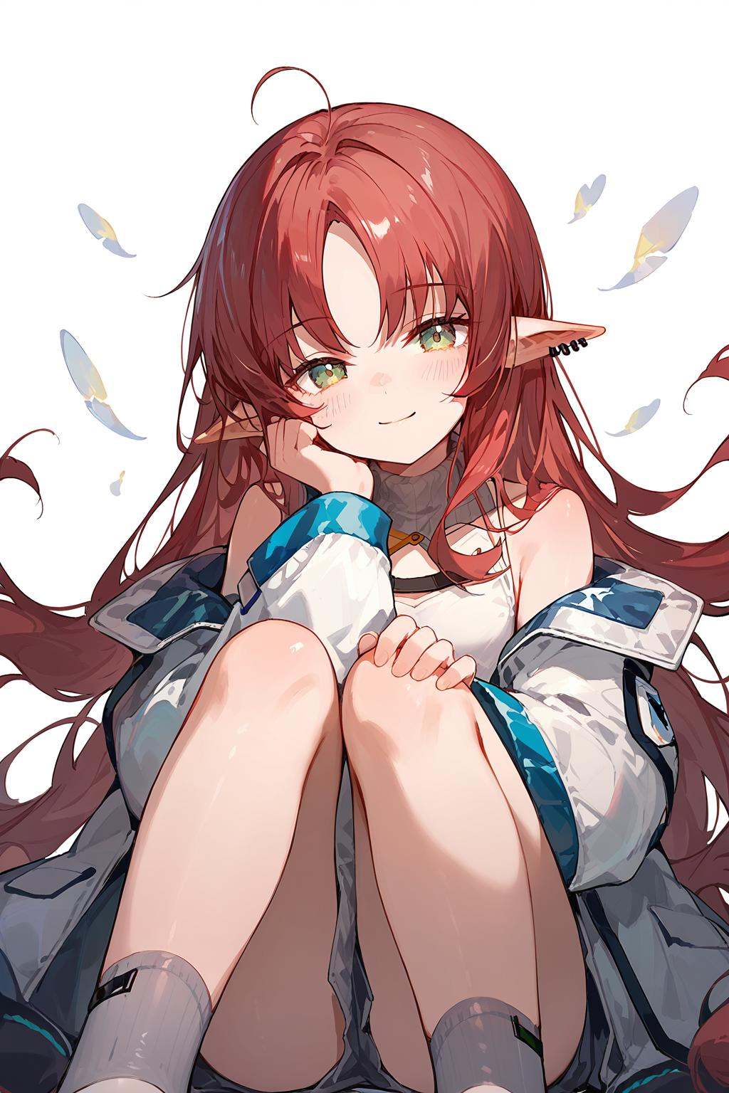 (score_9,score_8_up,score_7_up),<lora:Myrtle(Arknights)-v1:0.7>,Myrtle(Arknights),1girl,solo,pointy ears,long hair,smile,looking at viewer,sitting,jacket,piercing,ear piercing,socks,white jacket,simple background,bangs,off shoulder,long sleeves,closed mouth,knees up,ahoge,parted bangs,bare shoulders,feet out of frame,very long hair,blush,hand on own knee,head tilt,grey socks,open clothes,very beautiful,no shoes,ultra hd 32k,anime,NSFW,expressive,amazing quality,absurdres,