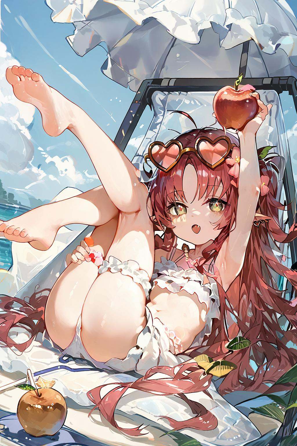 (score_9,score_8_up,score_7_up),<lora:Myrtle(Arknights)-v1:1>,Myrtle(Arknights),1girl,long hair,solo,food,eyewear on head,sunglasses,swimsuit,flower,legs up,fruit,bikini,heart,pointy ears,hair flower,heart-shaped eyewear,open mouth,ahoge,hair ornament,looking at viewer,barefoot,umbrella,arm up,apple,lying,official alternate costume,sakura kyouko,fang,very long hair,on back,pink flower,bangs,cup,bare shoulders,drinking straw,armpits,feet,parted bangs,toes,good feet,very beautiful,amazing quality,ultra hd 32k,anime,NSFW,expressive,