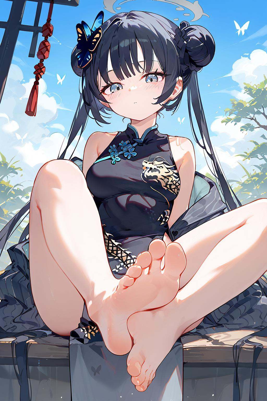 (score_9,score_8_up,score_7_up),<lora:Ryuge Kisaki(Blue Archiv)-v1:1.1>,Ryuge Kisaki(Blue Archive),blue eyes,1girl,solo,gloves,hair bun,black hair,double bun,china dress,chinese clothes,hair ornament,black gloves,long hair,looking at viewer,halo,bangs,butterfly hair ornament,blush,breasts,twintails,sleeveless,bare shoulders,half gloves,feet,soles,toes,long hair,breasts,looking at viewer,hair ornament,foot focus,bare legs,sitting,legs,braid,outdoors,bangs,very long hair,large breasts,bare shoulders,hair flower,thighs,pelvic curtain,sky,foreshortening,day,sleeveless,full body,detached sleevess,good feet,very beautiful,foreshortening,ultra hd 32k,anime,NSFW,expressive,