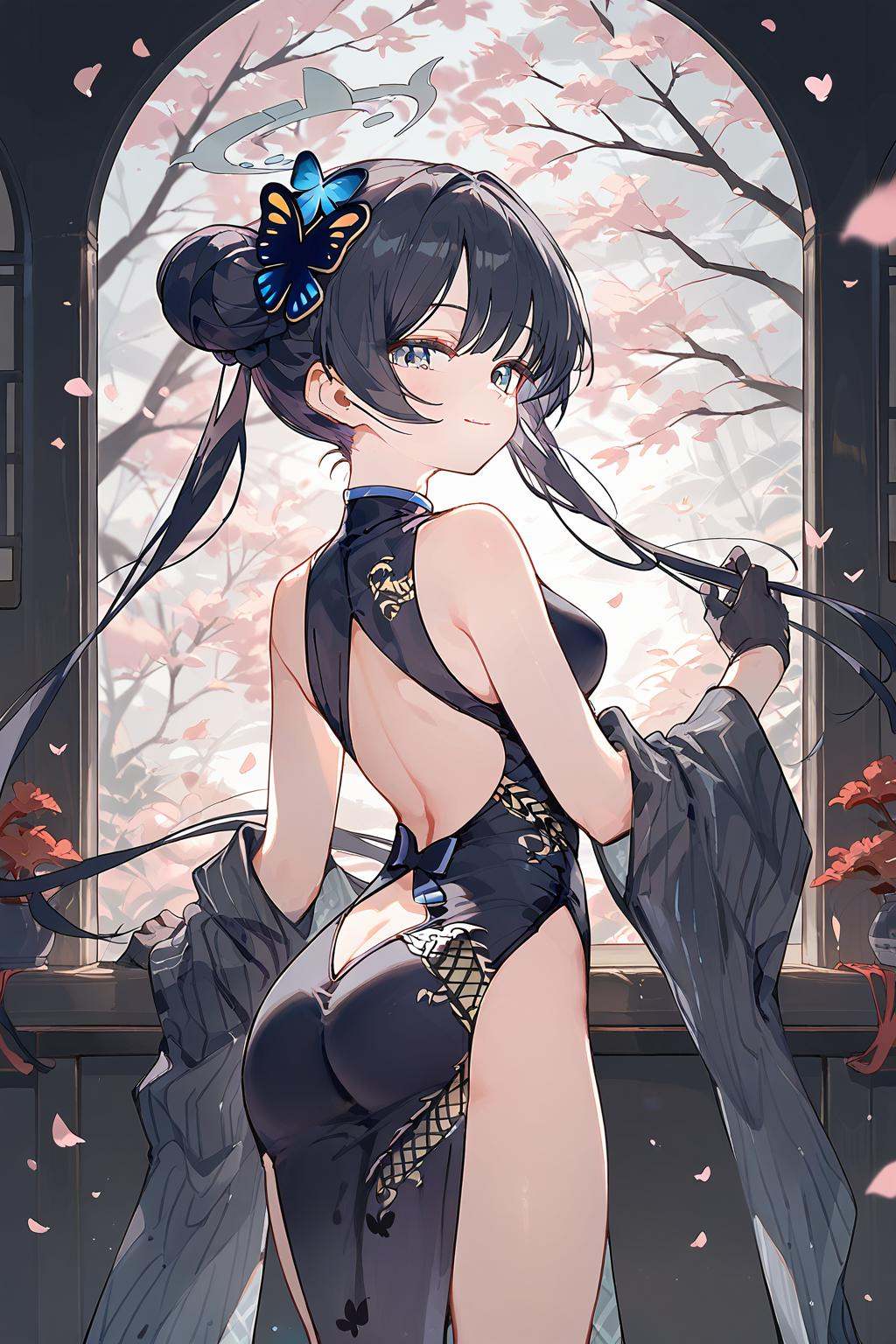 (score_9,score_8_up,score_7_up),<lora:Ryuge Kisaki(Blue Archiv)-v1:1>,Ryuge Kisaki(Blue Archive),blue eyes,1girl,solo,gloves,hair bun,black hair,double bun,china dress,chinese clothes,hair ornament,black gloves,long hair,halo,bangs,butterfly hair ornament,breasts,twintails,sleeveless,bare shoulders,half gloves,sidelocks,1girl,long hair,solo,ass,looking at viewer,hair ornament,long sleeves,cherry blossoms,flower,bangs,very long hair,clothing cutout,petals,leaning forward,closed mouth,looking back,smile,day,floating hair,butterfly,tassel,indoors,standing,blurry,hair flower,wide sleeves,see-through,window,cowboy shot,wind,back cutout,bug,very beautiful,ultra hd 32k,amazing quality,anime,NSFW,expressive,
