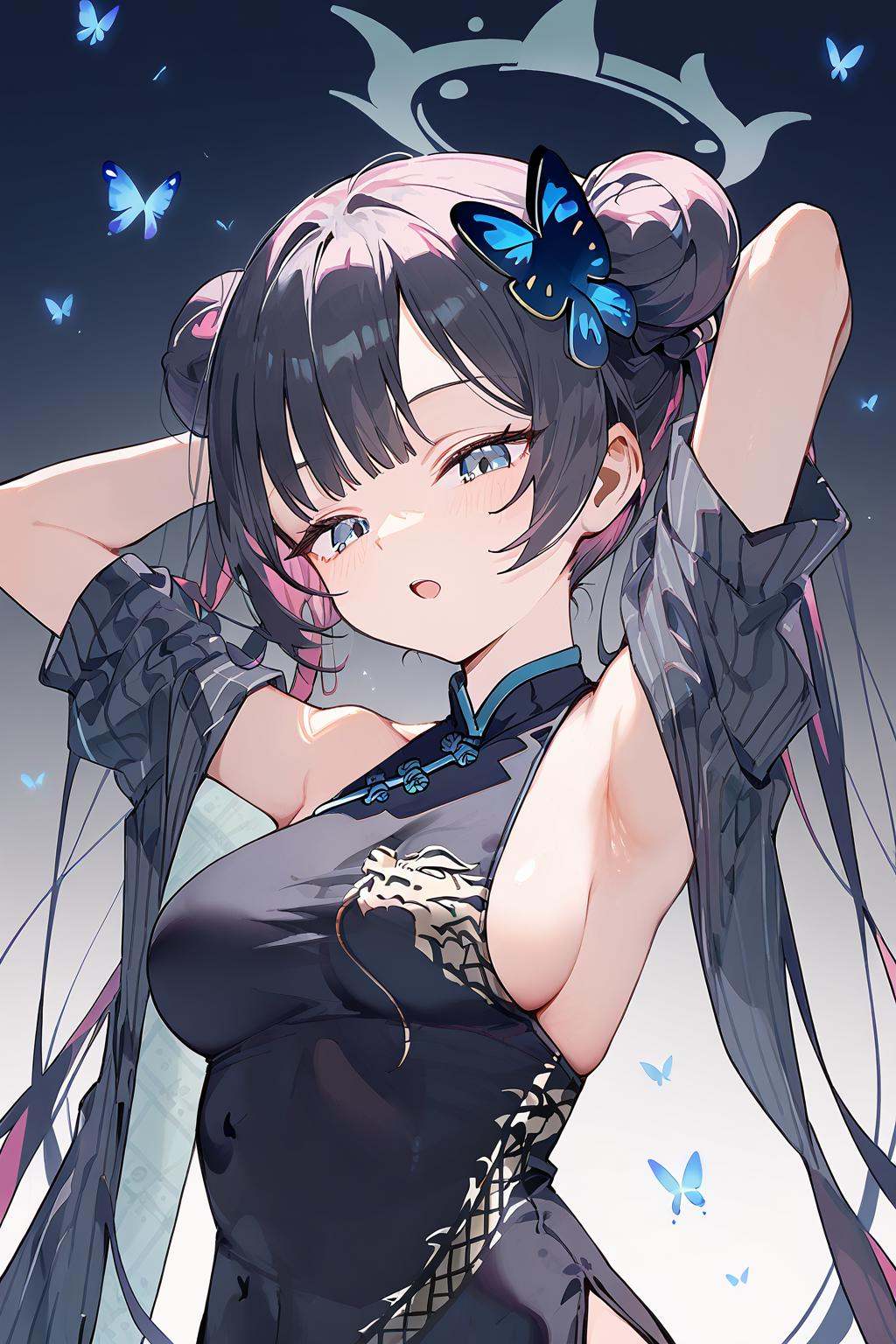 (score_9,score_8_up,score_7_up),<lora:Ryuge Kisaki(Blue Archiv)-v1:1>,Ryuge Kisaki(Blue Archive),blue eyes,1girl,solo,gloves,hair bun,black hair,double bun,china dress,chinese clothes,hair ornament,black gloves,long hair,halo,bangs,butterfly hair ornament,breasts,twintails,sleeveless,bare shoulders,half gloves,sidelocks,1girl,breasts,solo,arms up,closed eyes,open mouth,long hair,pink hair,bangs,multicolored hair,armpits,large breasts,cleavage,upper body,arms behind head,sideboob,bow,very long hair,medium breasts,blunt bangs,very beautiful,full body,amazing quality,ultra hd 32k,anime,NSFW,expressive,