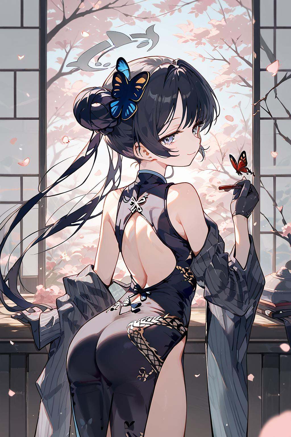 (score_9,score_8_up,score_7_up),<lora:Ryuge Kisaki(Blue Archiv)-v1:1>,Ryuge Kisaki(Blue Archive),blue eyes,1girl,solo,gloves,hair bun,black hair,double bun,china dress,chinese clothes,hair ornament,black gloves,long hair,halo,bangs,butterfly hair ornament,breasts,twintails,sleeveless,bare shoulders,half gloves,sidelocks,1girl,long hair,solo,ass,looking at viewer,hair ornament,long sleeves,cherry blossoms,flower,bangs,very long hair,clothing cutout,petals,leaning forward,closed mouth,looking back,smile,day,floating hair,butterfly,tassel,indoors,standing,blurry,hair flower,wide sleeves,see-through,window,cowboy shot,wind,back cutout,bug,very beautiful,ultra hd 32k,amazing quality,anime,NSFW,expressive,