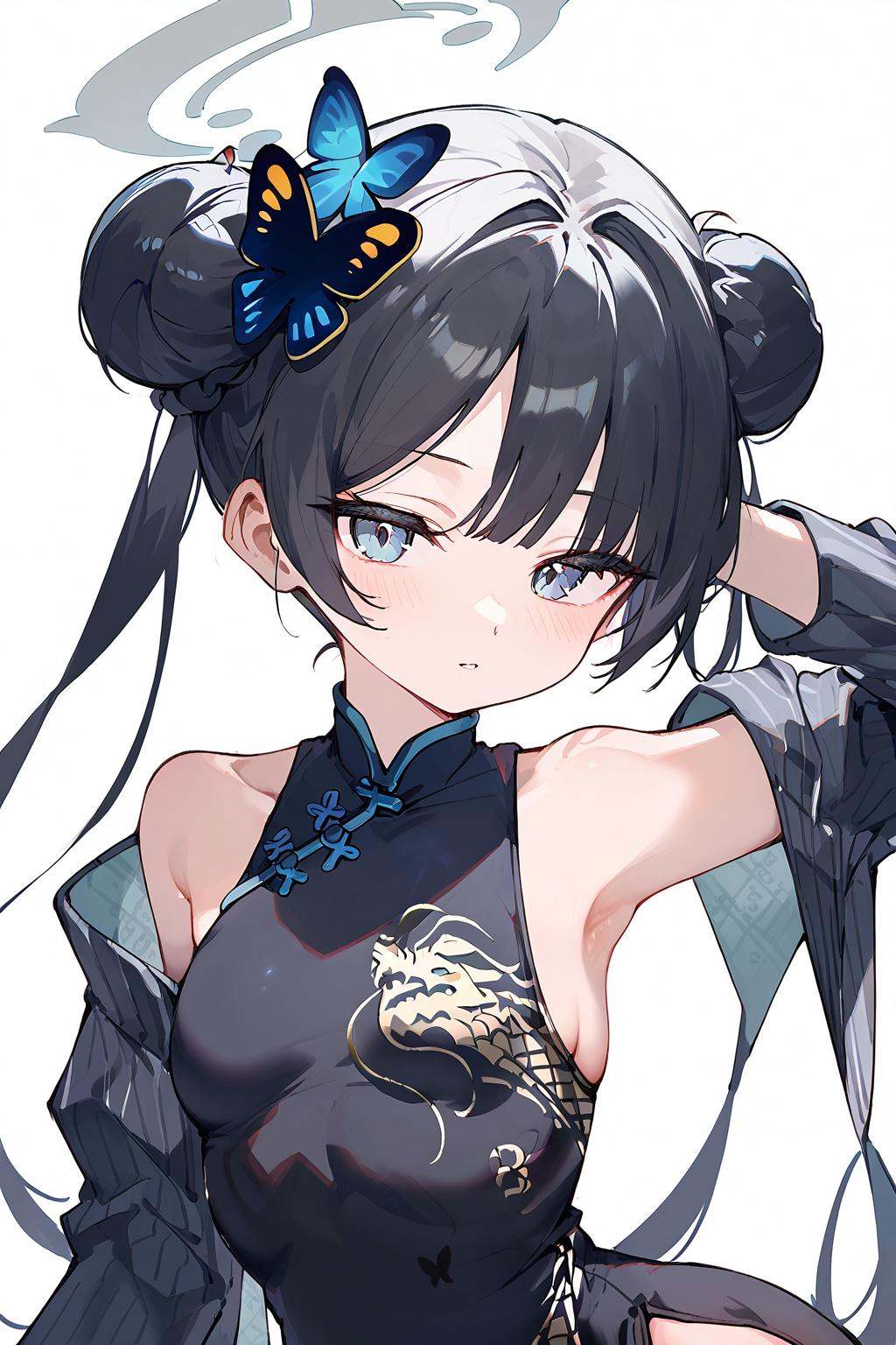 (score_9,score_8_up,score_7_up),<lora:Ryuge Kisaki(Blue Archiv)-v1:1>,Ryuge Kisaki(Blue Archive),1girl,solo,gloves,dress,black hair,double bun,china dress,chinese clothes,hair ornament,hair bun,black gloves,long hair,blue eyes,looking at viewer,halo,bangs,butterfly hair ornament,blush,black dress,breasts,twintails,armpits,sleeveless,sleeveless dress,bare shoulders,half gloves,small breasts,sidelocks,parted lips,good feet,very beautiful,foreshortening,ultra hd 32k,anime,NSFW,expressive,