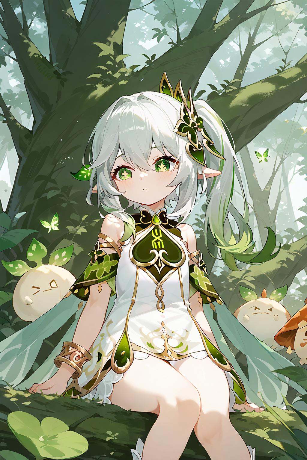 (score_9,score_8_up,score_7_up),<lora:Nahida(genshin impact)-v1:1>,Nahida(genshin impact),1girl,nahida (genshin impact),solo,green eyes,pointy ears,hair ornament,long hair,side ponytail,dress,sitting,multicolored hair,bracelet,white dress,tree,jewelry,bangs,gradient hair,white hair,sidelocks,green hair,symbol-shaped pupils,cape,green cape,detached sleeves,outdoors,short sleeves,looking away,hair between eyes,grey hair,cross-shaped pupils,leaf hair ornament,bare shoulders,nature,good feet,anime,NSFW,expressive,amazing quality,ultra hd 32k,
