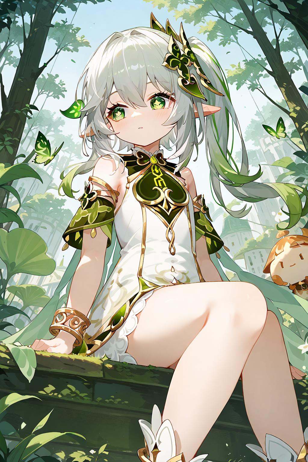 (score_9,score_8_up,score_7_up),<lora:Nahida(genshin impact)-v1:1>,Nahida(genshin impact),1girl,nahida (genshin impact),solo,green eyes,pointy ears,hair ornament,long hair,side ponytail,dress,sitting,multicolored hair,bracelet,white dress,tree,jewelry,bangs,gradient hair,white hair,sidelocks,green hair,symbol-shaped pupils,cape,green cape,detached sleeves,outdoors,short sleeves,looking away,hair between eyes,grey hair,cross-shaped pupils,leaf hair ornament,bare shoulders,nature,good feet,anime,NSFW,expressive,amazing quality,ultra hd 32k,