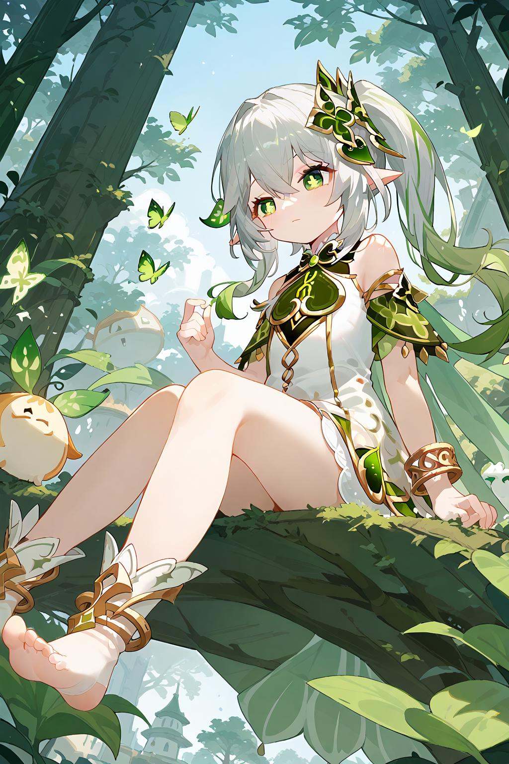 (score_9,score_8_up,score_7_up),<lora:Nahida(genshin impact)-v1:1>,Nahida(genshin impact),1girl,nahida (genshin impact),solo,green eyes,pointy ears,hair ornament,long hair,side ponytail,dress,sitting,multicolored hair,bracelet,white dress,tree,jewelry,bangs,gradient hair,white hair,sidelocks,green hair,symbol-shaped pupils,cape,green cape,detached sleeves,outdoors,short sleeves,looking away,hair between eyes,grey hair,cross-shaped pupils,leaf hair ornament,bare shoulders,nature,good feet,anime,NSFW,expressive,amazing quality,ultra hd 32k,