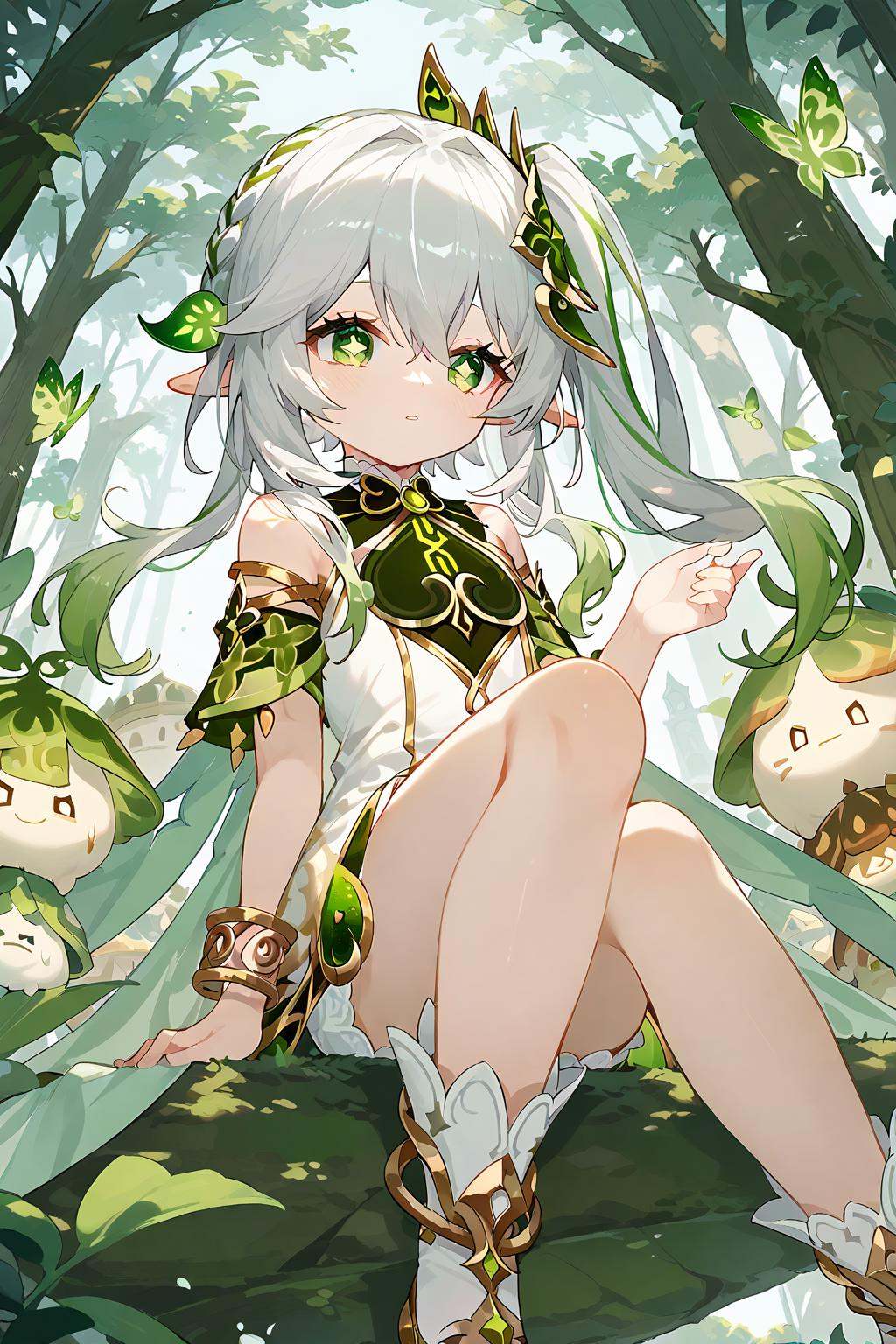 (score_9,score_8_up,score_7_up),<lora:Nahida(genshin impact)-v1:1>,Nahida(genshin impact),1girl,nahida (genshin impact),solo,green eyes,pointy ears,hair ornament,long hair,side ponytail,dress,sitting,multicolored hair,bracelet,white dress,tree,jewelry,bangs,gradient hair,white hair,sidelocks,green hair,symbol-shaped pupils,cape,green cape,detached sleeves,outdoors,short sleeves,looking away,hair between eyes,grey hair,cross-shaped pupils,leaf hair ornament,bare shoulders,nature,good feet,anime,NSFW,expressive,amazing quality,ultra hd 32k,