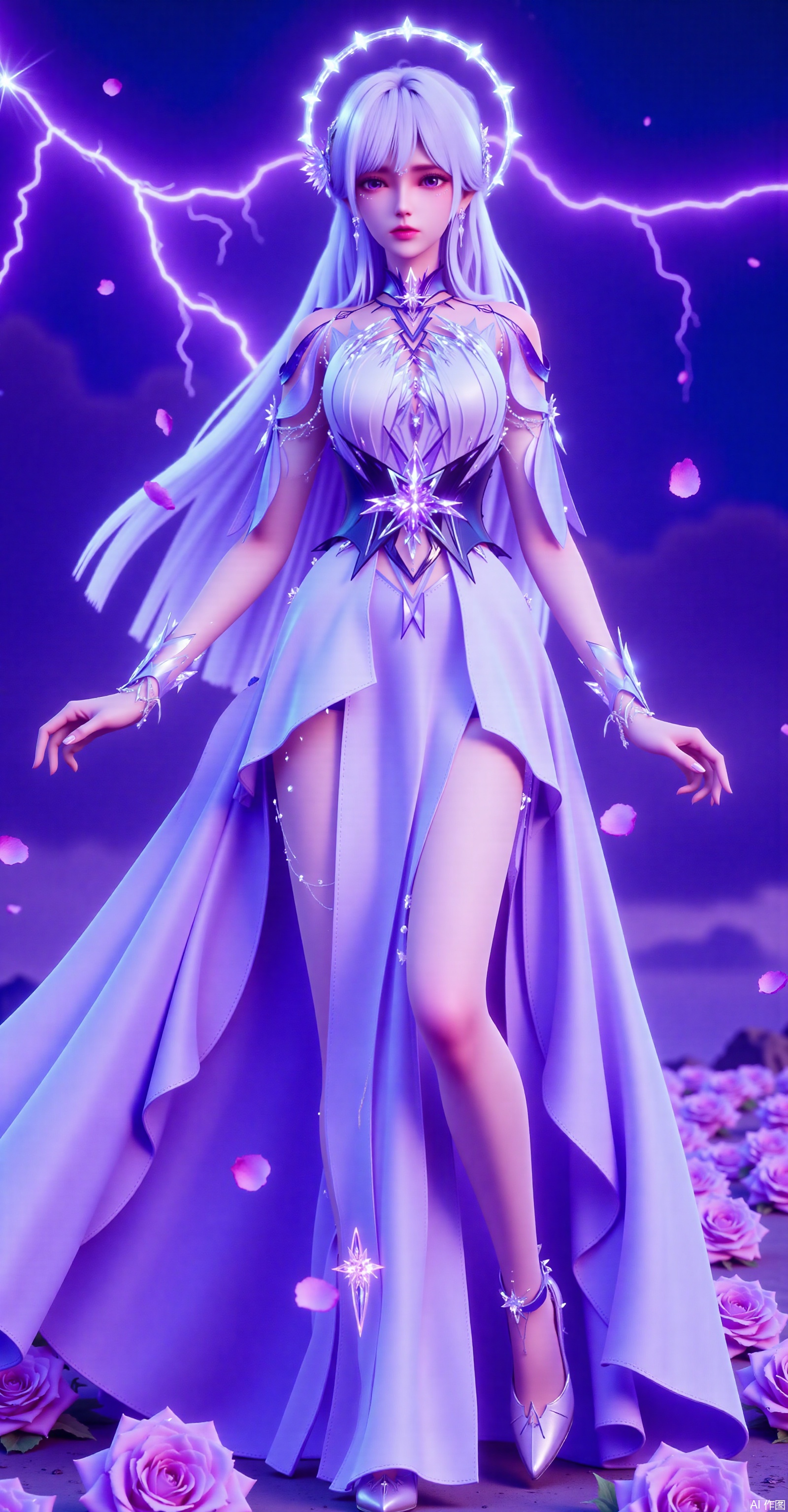 petals, sparkling lightning background, starry sky, purple lightning, halo, lightning around, sea of ​​purple roses, standing, floating standing, light purple wedding dress, purple wings, , purple hair, full body, long hair, very long hair, , long skirt, clear crystal swing, highest quality, exquisite CG, , water drops on hair, beautiful goddess, sparkling stars, close-up, delicate face, Exquisite lips, exquisite eyes, exquisite nose, surrounded by purple butterflies, crystal purple crystals, falling rose petals, clothes dotted with sparkling diamonds and pearls, high heels, crystal hair accessories,