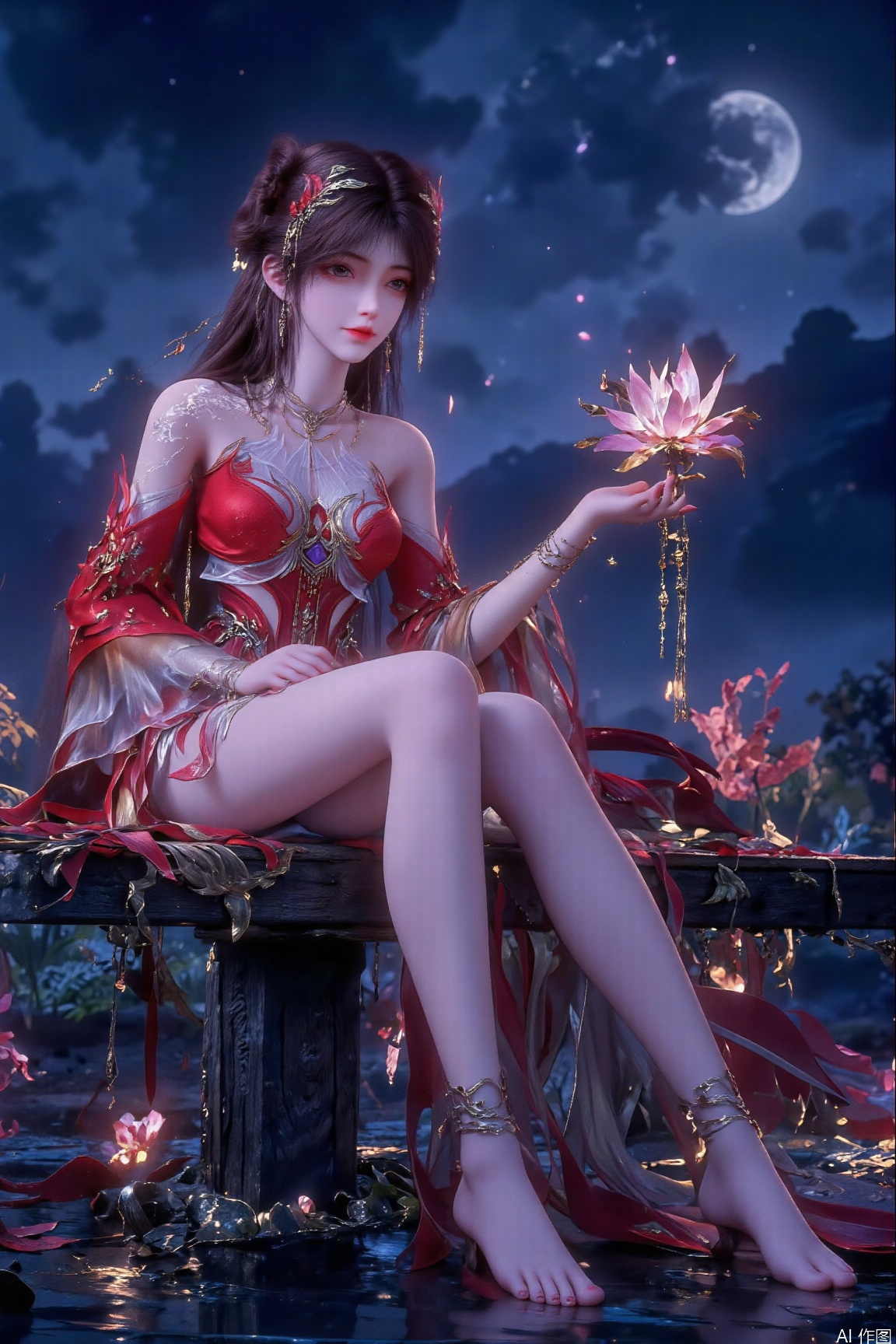 1girl, solo, long hair, black hair, hair ornament, dress, jewelry, sitting, flower, earrings, water, hair bun, bare legs, night, moon, pillar, lotus