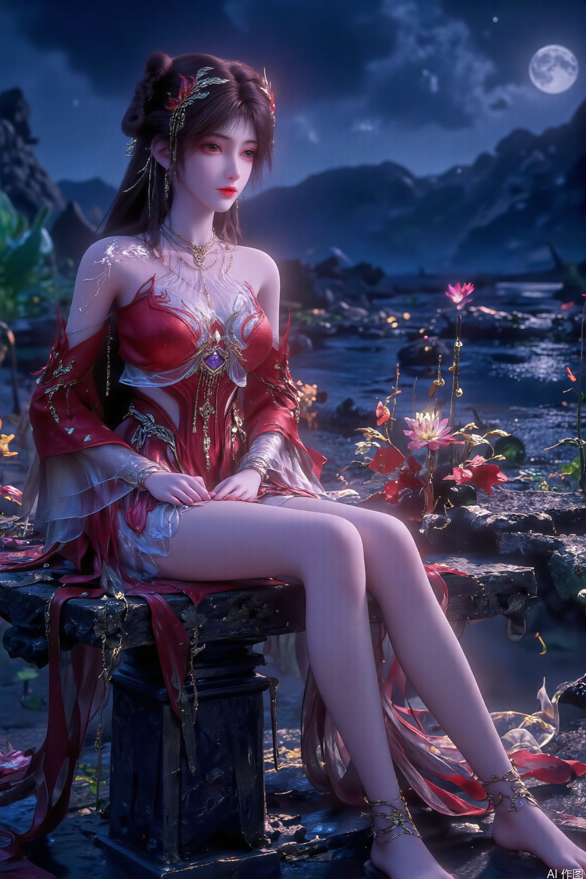 1girl, solo, long hair, black hair, hair ornament, dress, jewelry, sitting, flower, earrings, water, hair bun, bare legs, night, moon, pillar, lotus