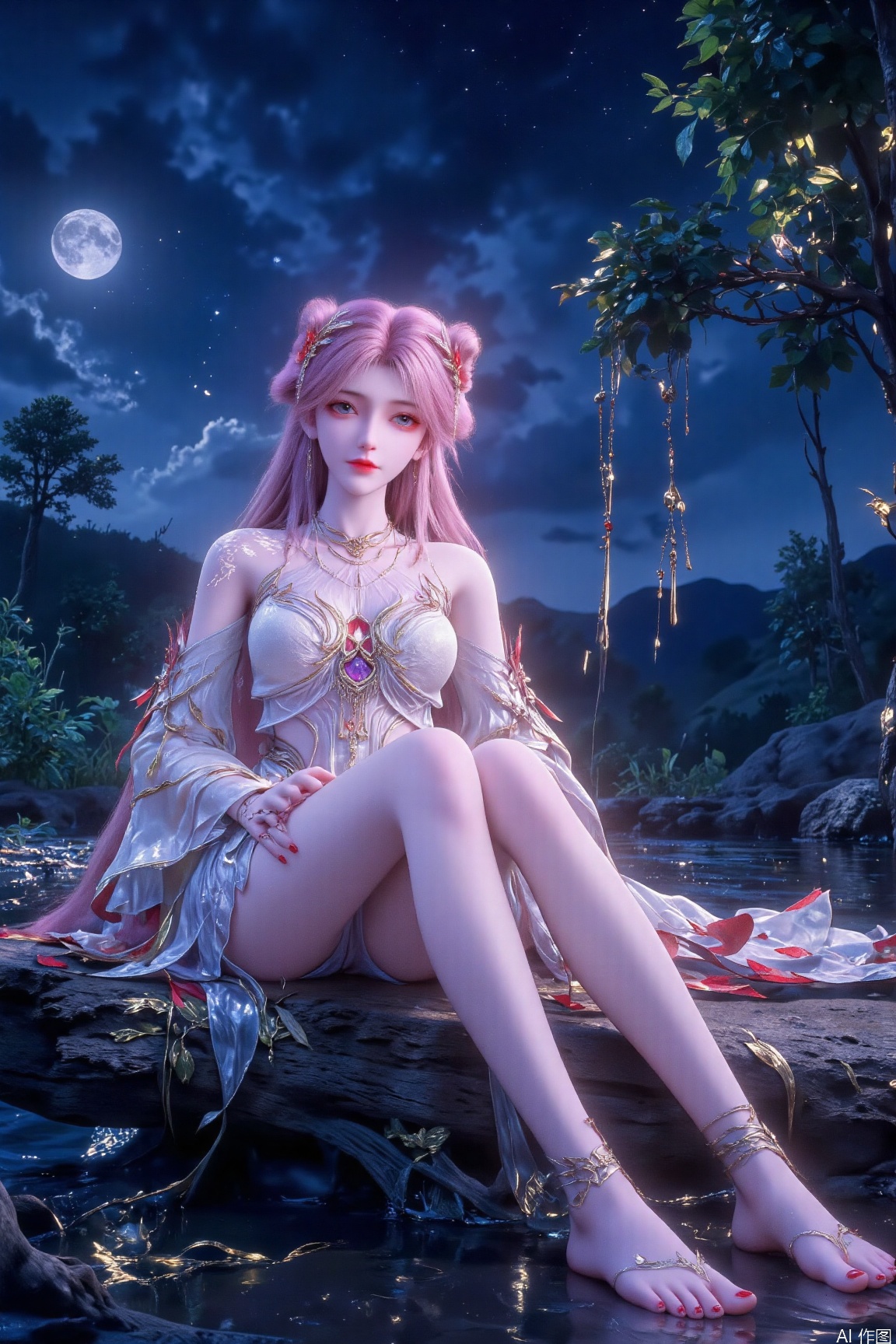 1girl, solo, long hair, looking at viewer, blue eyes, dress, twintails, sitting, full body, pink hair, barefoot, water, hair bun, nail polish, white dress, feet, tree, legs, bare legs, double bun, toes, night, moon