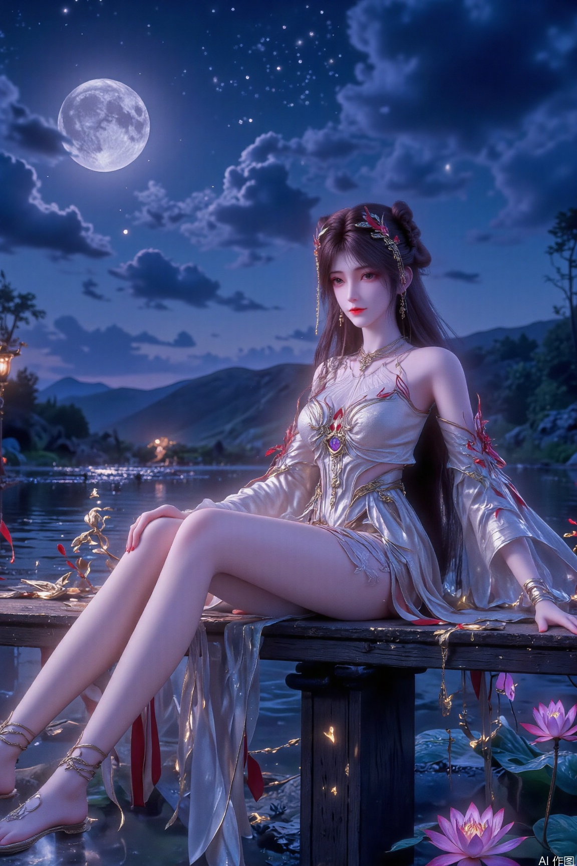 1girl, solo, long hair, black hair, hair ornament, dress, jewelry, sitting, flower, earrings, water, hair bun, bare legs, night, moon, pillar, lotus