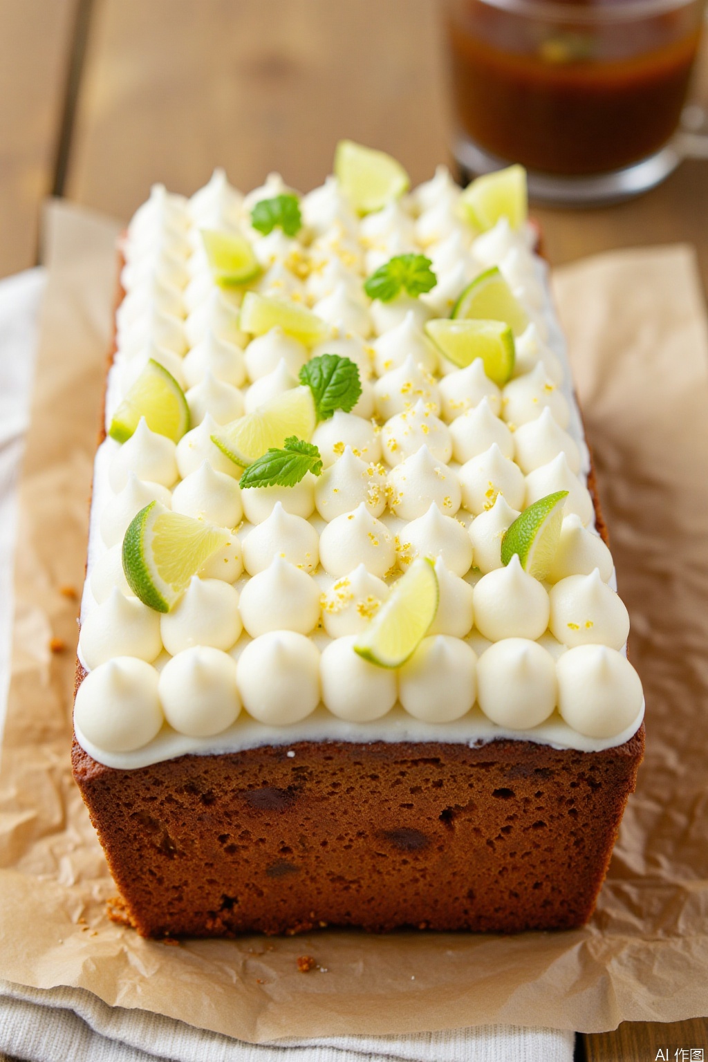 Food photography, a close-up photo of a rectangular loaf cake with a moist, golden brown texture. , golden brown in texture. The cake is topped with a thick layer of white frosting, carefully squeezed into a quilt-like decorative pattern. Fresh lime zest and chopped lime wedges were sprinkled over the frosting, adding a touch of green and citrus aroma. The cake is placed on rustic, beige parchment paper on a wooden surface. Slightly out of focus in the background is a small clear glass filled with a dark brown liquid possibly coffee. The overall aesthetic is rustic and cozy with a natural homemade feel.
