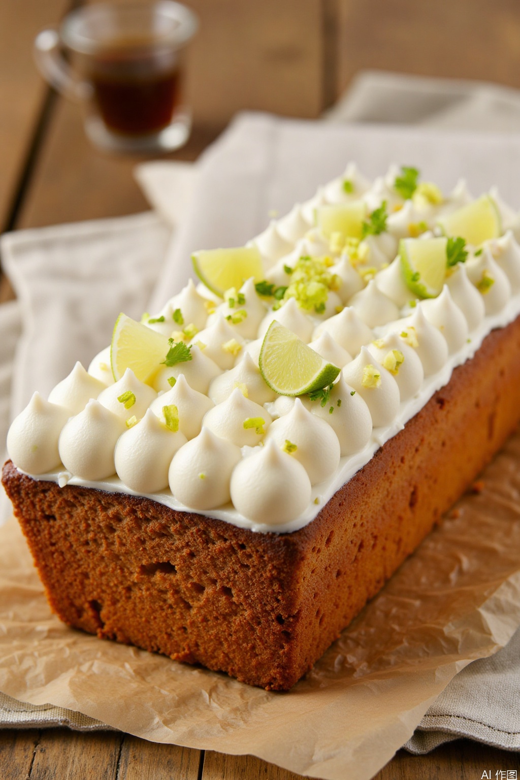 Food photography, a close-up photo of a rectangular loaf cake with a moist, golden brown texture. , golden brown in texture. The cake is topped with a thick layer of white frosting, carefully squeezed into a quilt-like decorative pattern. Fresh lime zest and chopped lime wedges were sprinkled over the frosting, adding a touch of green and citrus aroma. The cake is placed on rustic, beige parchment paper on a wooden surface. Slightly out of focus in the background is a small clear glass filled with a dark brown liquid possibly coffee. The overall aesthetic is rustic and cozy with a natural homemade feel.
