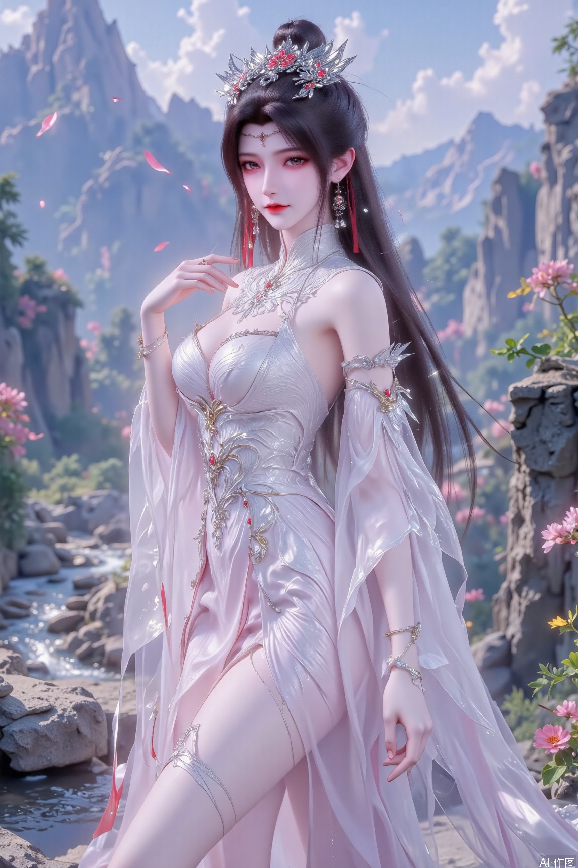 A romantic landscape: a young woman stands against the backdrop of a lush valley, surrounded by majestic mountains, glistening streams, and vibrant flowers. Her long brown hair is coiled up, adorned with intricate golden jewelry and small earrings. Her features are accentuated by light red eye makeup and a subtle smile. The fitted white wedding dress showcases her curves, with a high slit revealing her long legs. A silver ring-shaped decoration sparkles on her wrist, complemented by a layer of tulle sleeves on her arms. Rich colors and textures abound: the golden necklace is inlaid with gems, while the irregular skirt hem creates a whimsical silhouette. The atmosphere is serene, with soft lighting casting a warm glow on her oil-smooth skin.