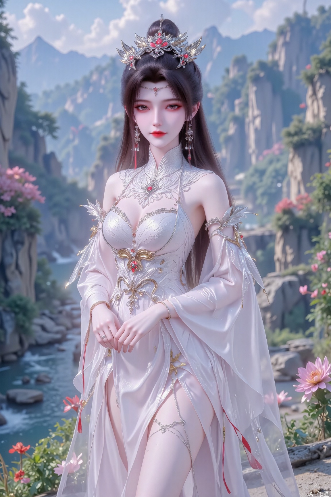 A romantic landscape: a young woman stands against the backdrop of a lush valley, surrounded by majestic mountains, glistening streams, and vibrant flowers. Her long brown hair is coiled up, adorned with intricate golden jewelry and small earrings. Her features are accentuated by light red eye makeup and a subtle smile. The fitted white wedding dress showcases her curves, with a high slit revealing her long legs. A silver ring-shaped decoration sparkles on her wrist, complemented by a layer of tulle sleeves on her arms. Rich colors and textures abound: the golden necklace is inlaid with gems, while the irregular skirt hem creates a whimsical silhouette. The atmosphere is serene, with soft lighting casting a warm glow on her oil-smooth skin.