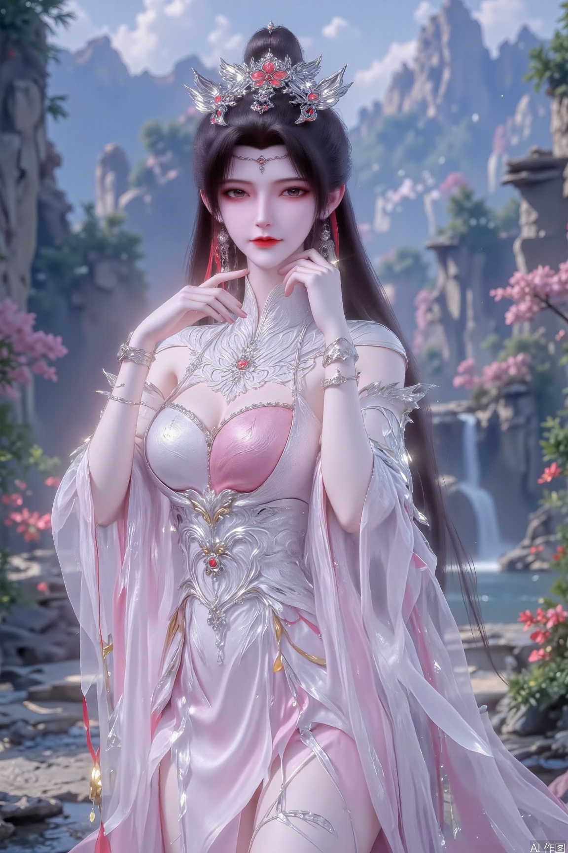 A romantic landscape: a young woman stands against the backdrop of a lush valley, surrounded by majestic mountains, glistening streams, and vibrant flowers. Her long brown hair is coiled up, adorned with intricate golden jewelry and small earrings. Her features are accentuated by light red eye makeup and a subtle smile. The fitted white wedding dress showcases her curves, with a high slit revealing her long legs. A silver ring-shaped decoration sparkles on her wrist, complemented by a layer of tulle sleeves on her arms. Rich colors and textures abound: the golden necklace is inlaid with gems, while the irregular skirt hem creates a whimsical silhouette. The atmosphere is serene, with soft lighting casting a warm glow on her oil-smooth skin.