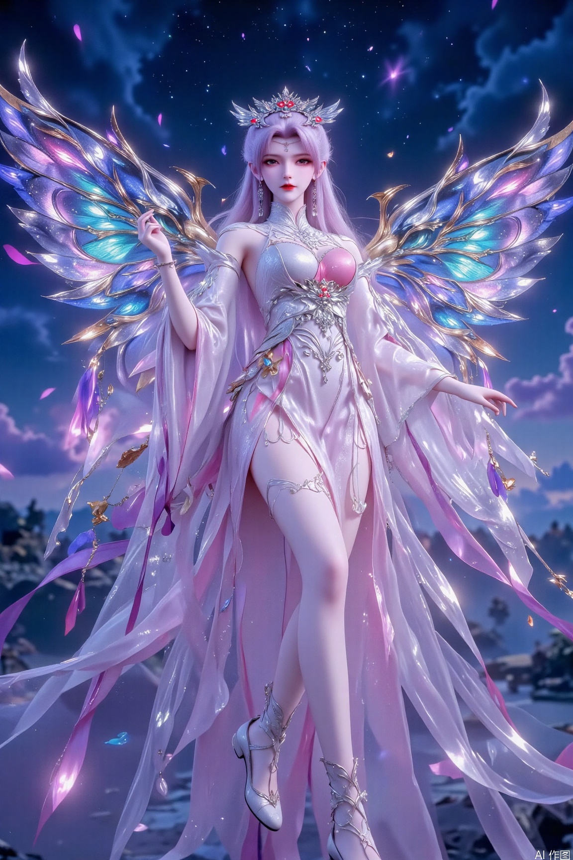 A girl has long pink and blue hair with long pink and blue hair hanging down, with exquisite butterfly-shaped hair accessories between them, paired with bead chains and feather decorations, exquisite makeup, rich eye makeup, slender eyelashes, pink lips, and wearing blue-green earrings. Wearing silver-white cheongsam-style clothing, blue branches and leaves patterns, golden decorations at the stand collar, a bow with gradient colors tied around the waist, a slit skirt, huge and gorgeous blue-purple butterfly wings behind, with transparent texture and golden veins, with twinkle star effects around the wings, long legs, delicate and fair skin, wearing high-heeled sandals with golden decorations, purple and blue leaf-like decorations on the sandals, golden chains connected to leaf jewelry at the ankles, and a dark blue starry sky in the background, dotted with colorful spots and twinkling stars, a dreamy and mysterious style.