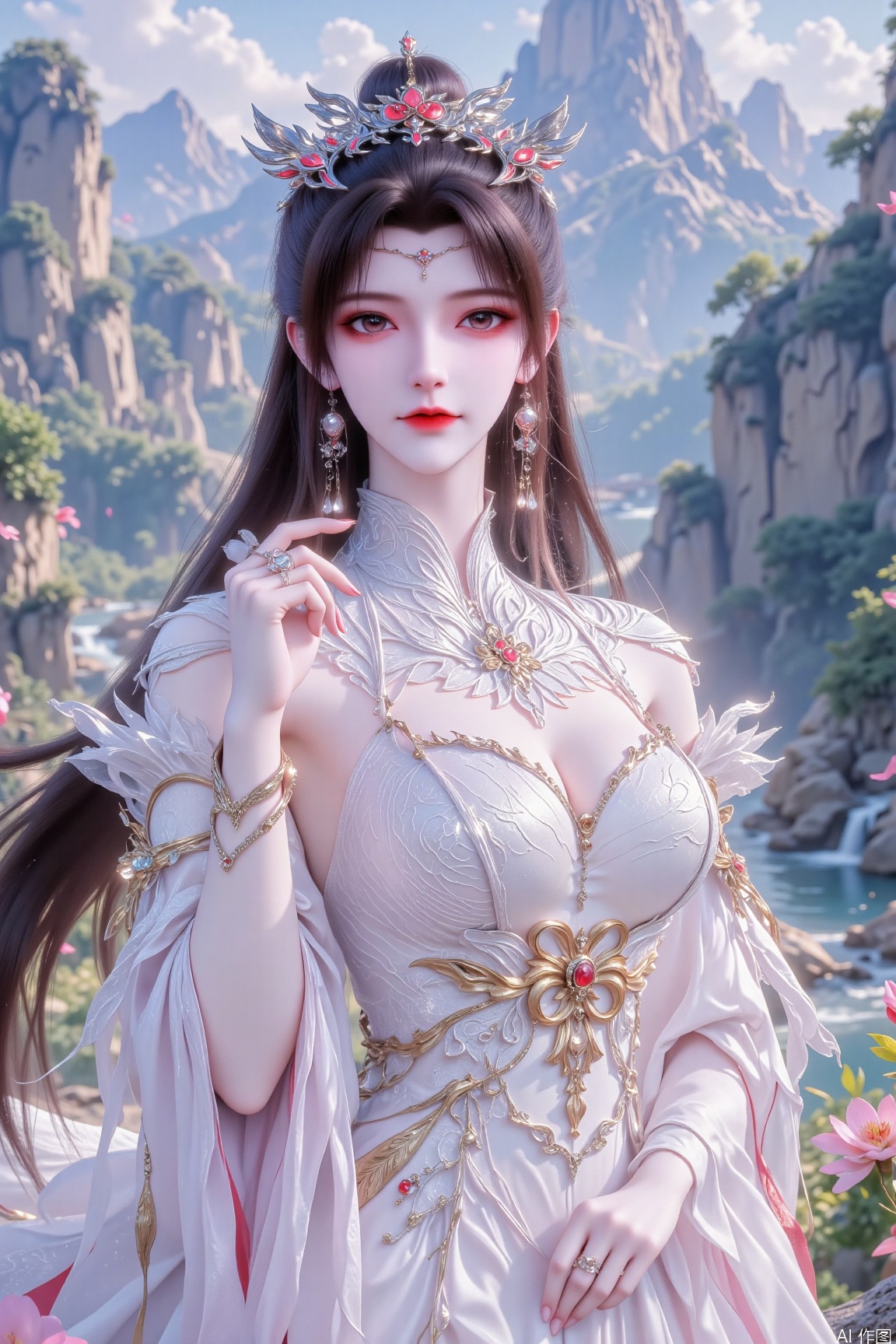 A romantic landscape: a young woman stands against the backdrop of a lush valley, surrounded by majestic mountains, glistening streams, and vibrant flowers. Her long brown hair is coiled up, adorned with intricate golden jewelry and small earrings. Her features are accentuated by light red eye makeup and a subtle smile. The fitted white wedding dress showcases her curves, with a high slit revealing her long legs. A silver ring-shaped decoration sparkles on her wrist, complemented by a layer of tulle sleeves on her arms. Rich colors and textures abound: the golden necklace is inlaid with gems, while the irregular skirt hem creates a whimsical silhouette. The atmosphere is serene, with soft lighting casting a warm glow on her oil-smooth skin.