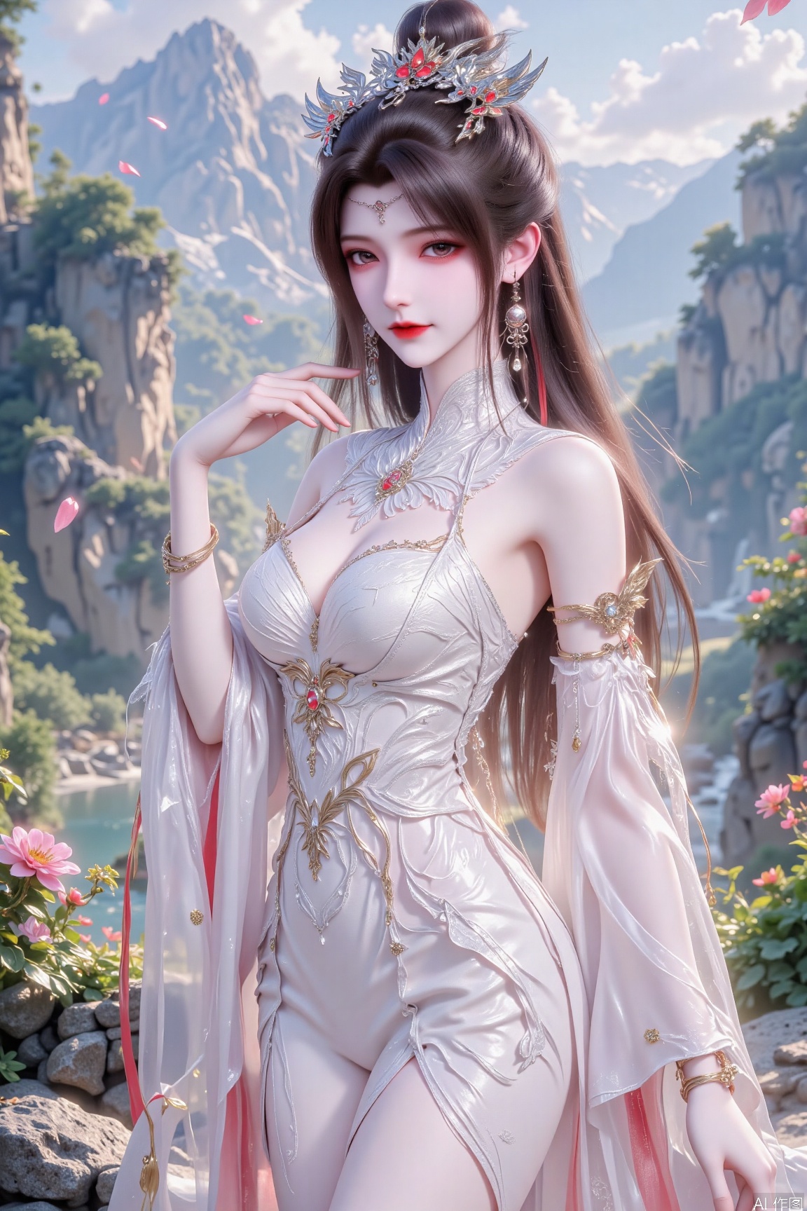 A romantic landscape: a young woman stands against the backdrop of a lush valley, surrounded by majestic mountains, glistening streams, and vibrant flowers. Her long brown hair is coiled up, adorned with intricate golden jewelry and small earrings. Her features are accentuated by light red eye makeup and a subtle smile. The fitted white wedding dress showcases her curves, with a high slit revealing her long legs. A silver ring-shaped decoration sparkles on her wrist, complemented by a layer of tulle sleeves on her arms. Rich colors and textures abound: the golden necklace is inlaid with gems, while the irregular skirt hem creates a whimsical silhouette. The atmosphere is serene, with soft lighting casting a warm glow on her oil-smooth skin.