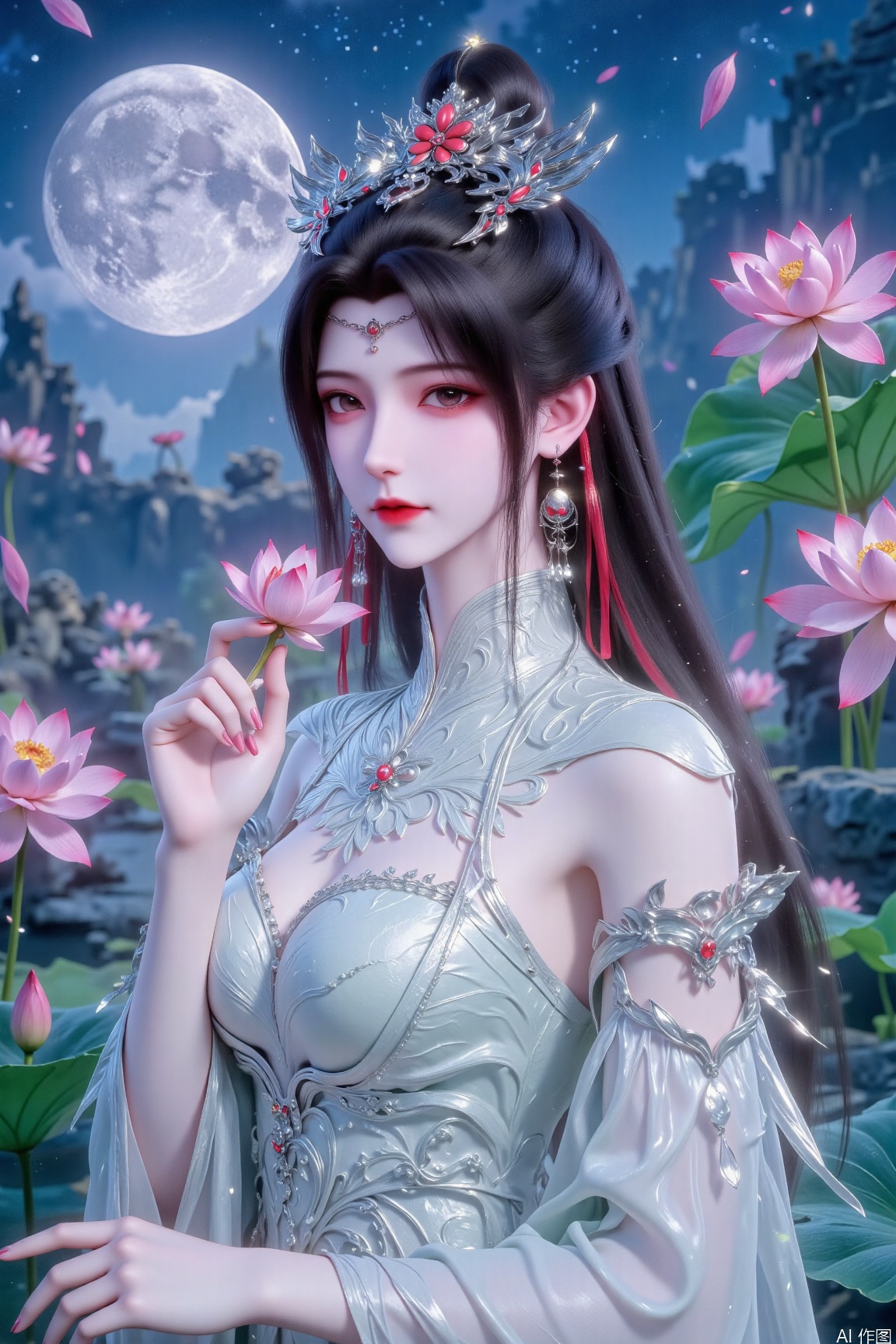 Young woman with long black hair, wearing gorgeous silver headdress, exquisite decorations between her hair, and silver earrings. Wearing light green ancient style clothing, with silver patterns and decorations, transparent tulle material, off-shoulder design. Holding a pink lotus in your hand, your nails are coated with pink nail polish. The background is a night scene, with big moon and twinkling stars, and many pink lotus flowers and lotus leaves growing around it, in an ancient and dreamy style.