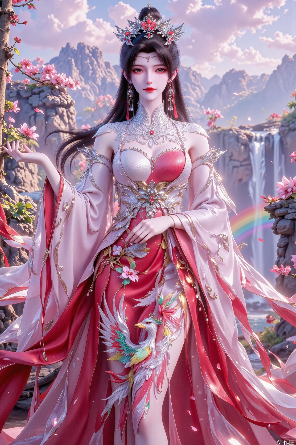 Full body photo of a fairy wearing a beautiful wedding dress. Her skin is better than snow, her long black hair is loose, and she is simply tied up with just a warm white jade hairpin. The eyebrows are like green feathers, and the eyes are like autumn water, revealing happiness and shyness.
 
The main body of the wedding dress is crimson, simple but not lacking in luxury. The neckline and cuffs are embroidered with delicate golden cloud patterns, and the chest is covered with brilliant pearls to outline the delicate shape of flowers. On the wide skirt, a phoenix pattern symbolizing auspiciousness is embroidered with colorful silk threads. The phoenix is ​​lifelike, as if it wants to flap its wings and fly high.
 
In the background, strange flowers bloom in a row, colorful rays penetrate the clouds, the fairy mountains are towering in the distance, the waterfalls between the mountains are like the Milky Way hanging upside down, and the splashing water turns into a gorgeous rainbow
