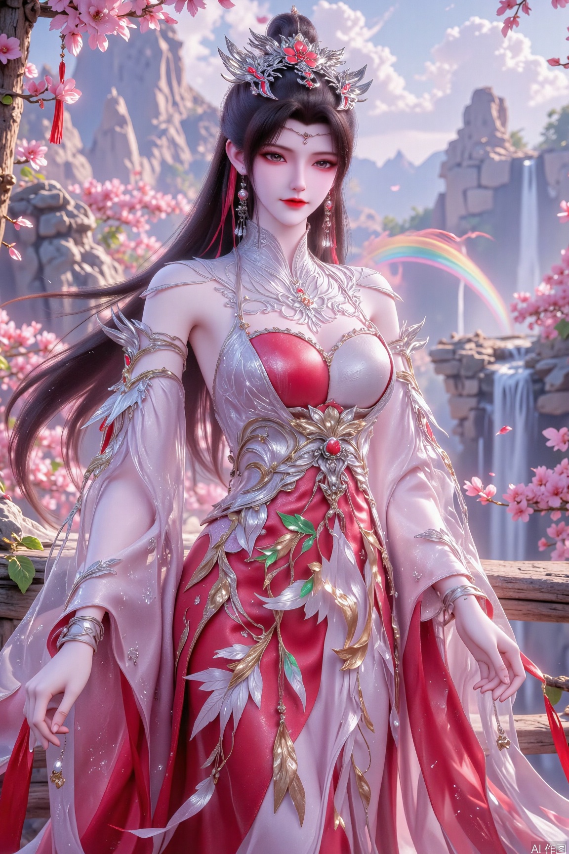 Full body photo of a fairy wearing a beautiful wedding dress. Her skin is better than snow, her long black hair is loose, and she is simply tied up with just a warm white jade hairpin. The eyebrows are like green feathers, and the eyes are like autumn water, revealing happiness and shyness.
 
The main body of the wedding dress is crimson, simple but not lacking in luxury. The neckline and cuffs are embroidered with delicate golden cloud patterns, and the chest is covered with brilliant pearls to outline the delicate shape of flowers. On the wide skirt, a phoenix pattern symbolizing auspiciousness is embroidered with colorful silk threads. The phoenix is ​​lifelike, as if it wants to flap its wings and fly high.
 
In the background, strange flowers bloom in a row, colorful rays penetrate the clouds, the fairy mountains are towering in the distance, the waterfalls between the mountains are like the Milky Way hanging upside down, and the splashing water turns into a gorgeous rainbow