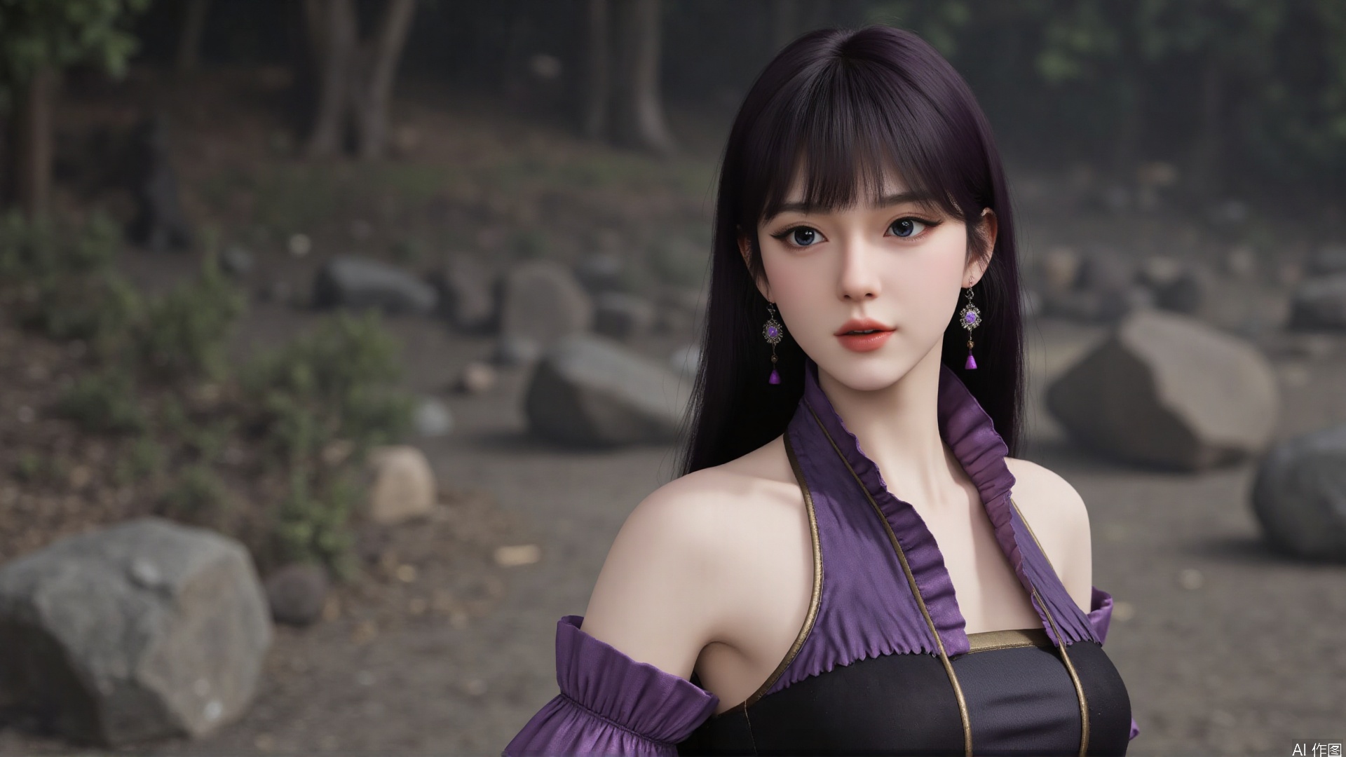 masterpiece,best quality,1girl, black hair, solo, dress, jewelry, earrings, long hair, bare shoulders, bangs, purple dress, cowboy shot