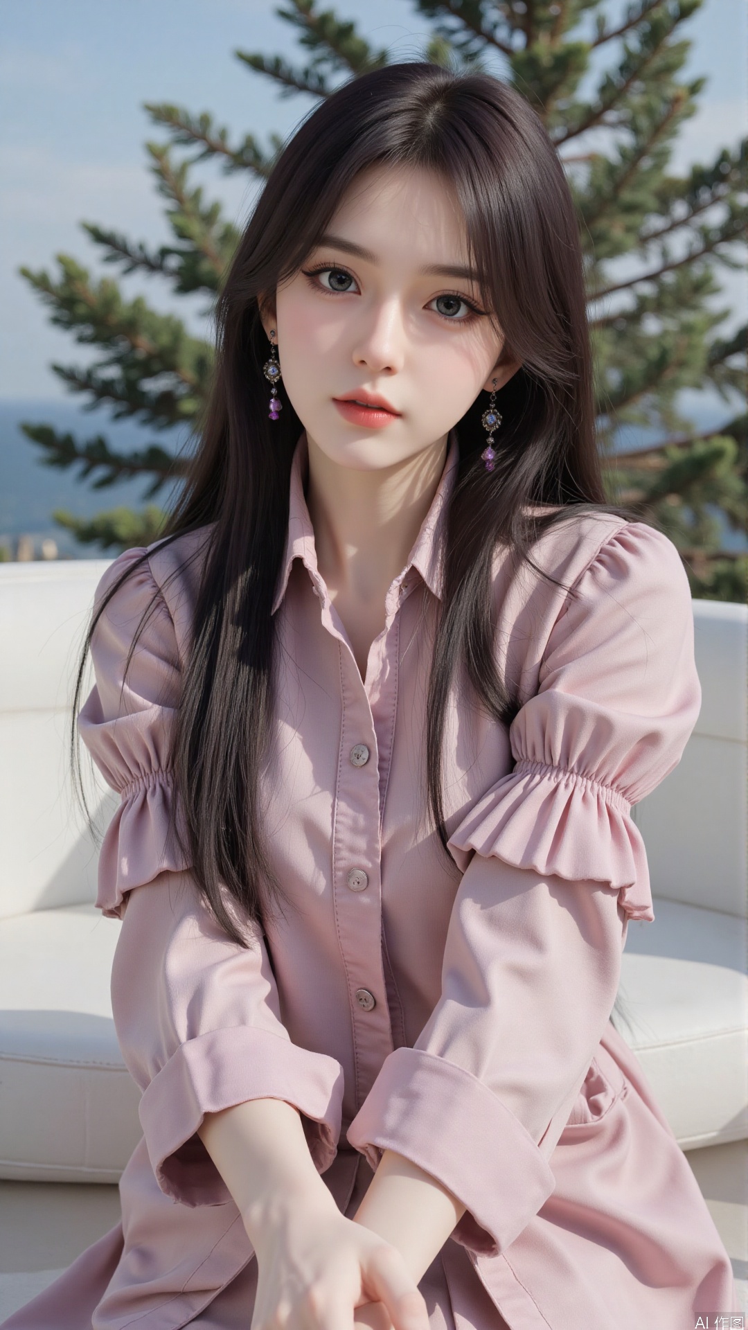  a asian woman, sexy long hair, blue eyes, charming and seductive temperament, distant close-up, golden ratio, movie texture, minimalism, high-end feeling, strong contrast between cold and warm, outdoor scenes, 