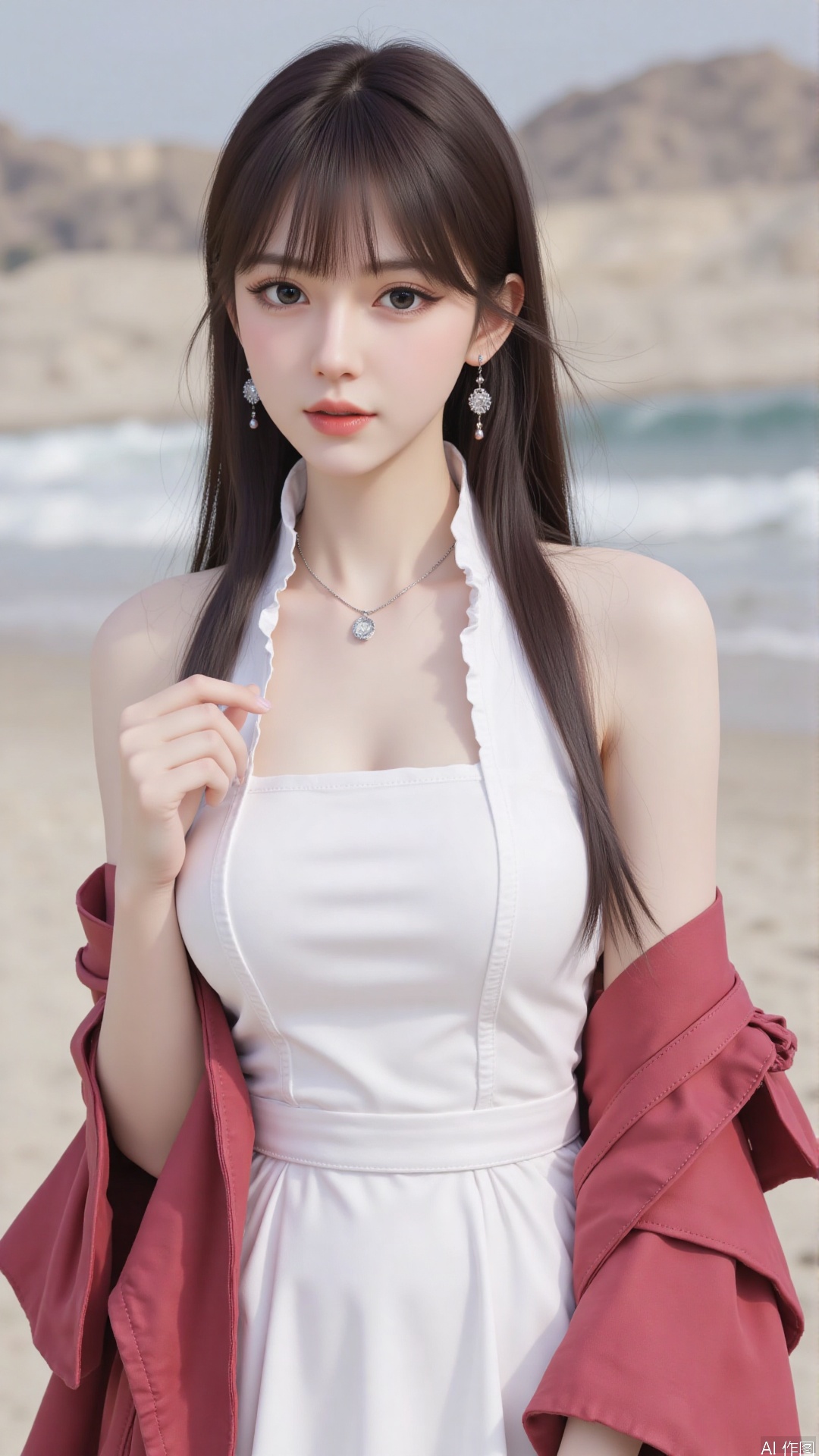 1girl,solo,jewelry,flower,hair flower,hair ornament,necklace,realistic,brown eyes,looking at viewer,dress,blurry background,twin braids,blurry,white dress,long hair,upper body,breasts,pink bow,red jacket,bare shoulders,lips,collarbone,outdoors,cleavage,large natural breast,soft breasts,huge Breasts