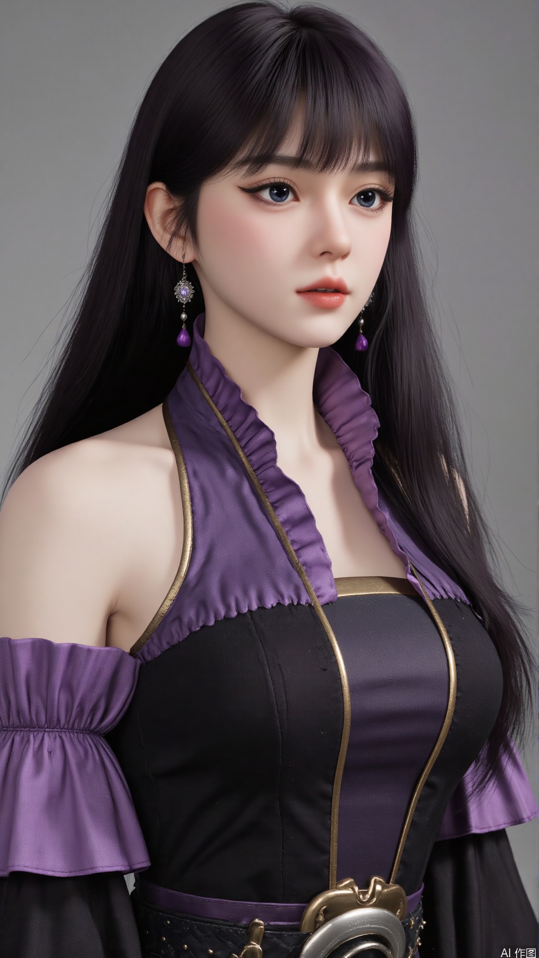 masterpiece,best quality,1girl, black hair, solo, dress, jewelry, earrings, long hair, bare shoulders, bangs, purple dress, sitting