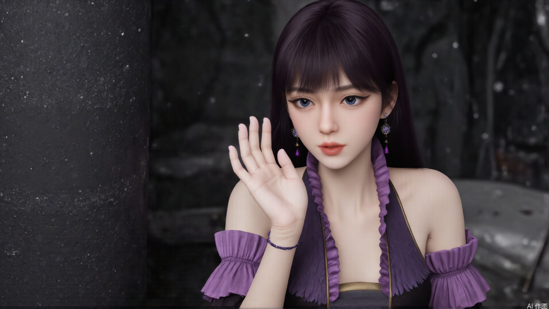 masterpiece,best quality,1girl, black hair, solo, dress, jewelry, earrings, long hair, bare shoulders, bangs, purple dress, cowboy shot